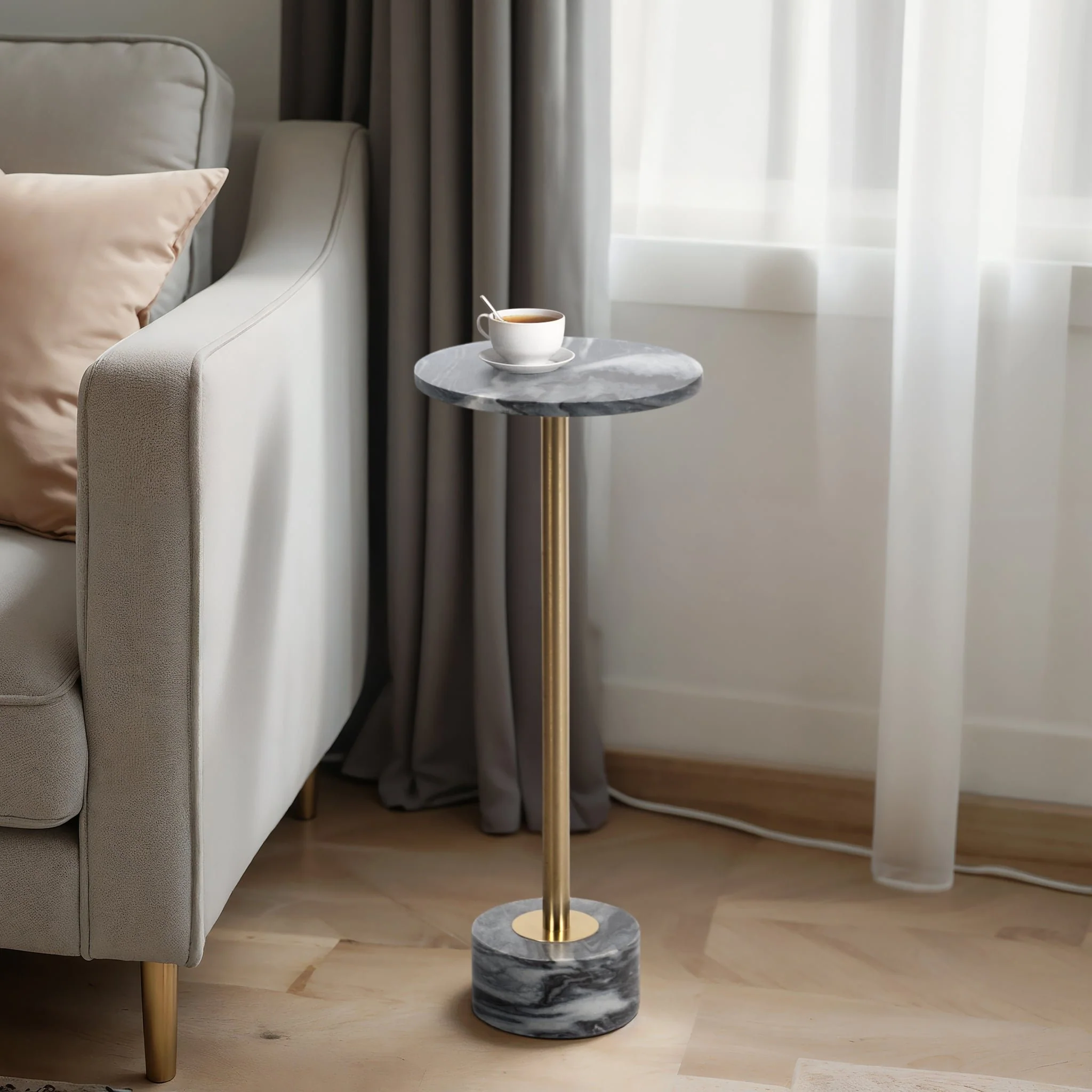 Metal, 24" Side Table Marble Top, Gray/gold Kd - Image 9