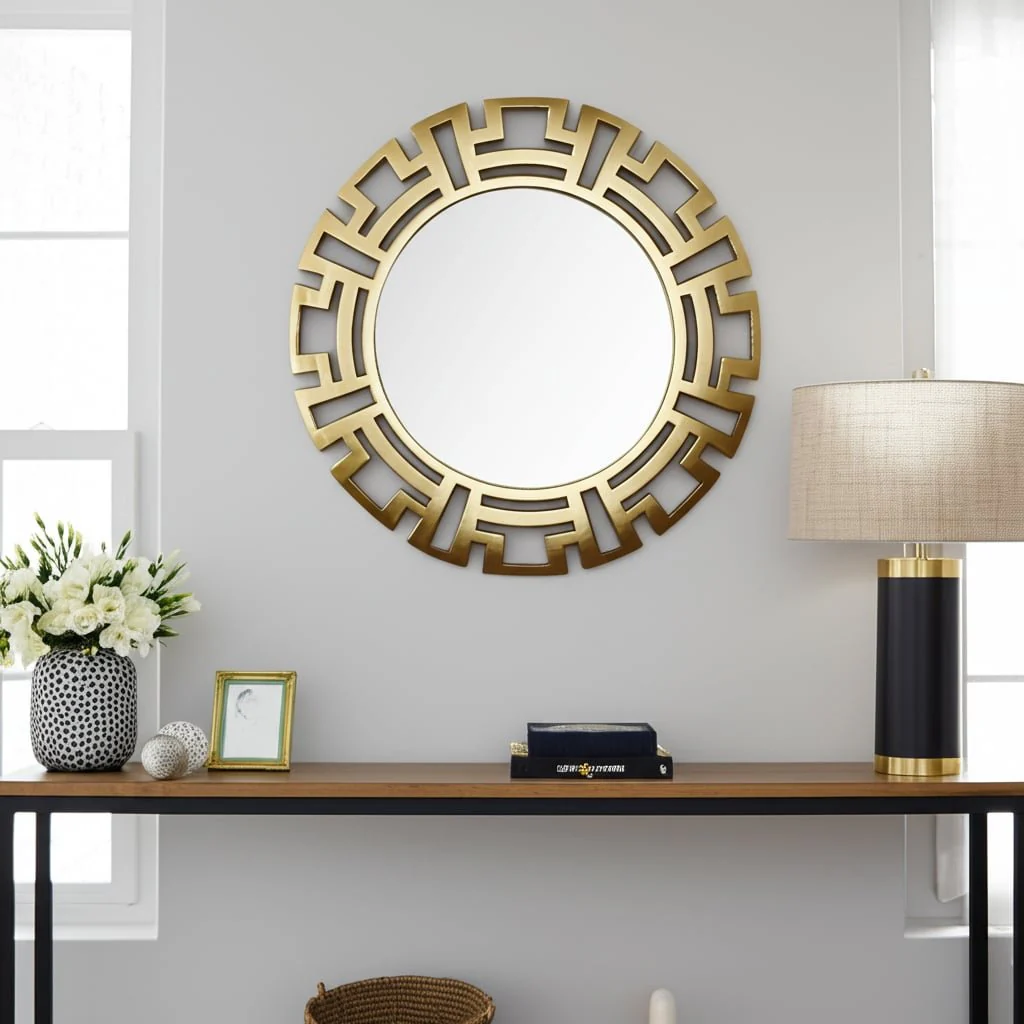 Metal, 24"d Tribal Round Mirror, Gold - Image 10