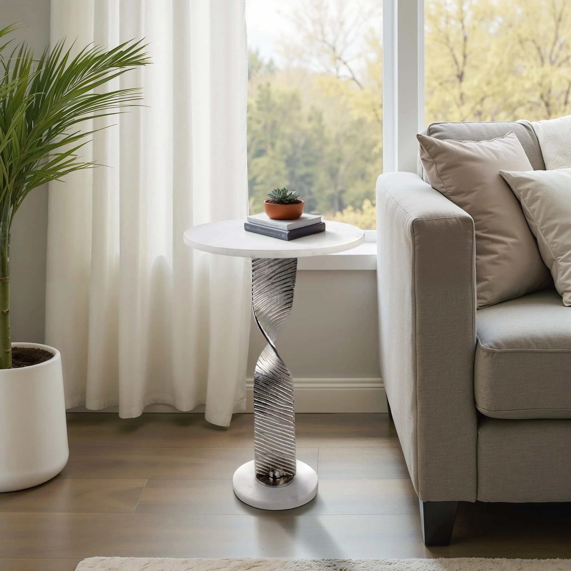 Metal,24"twisted Base Accent Table,white/silver Kd - Image 10