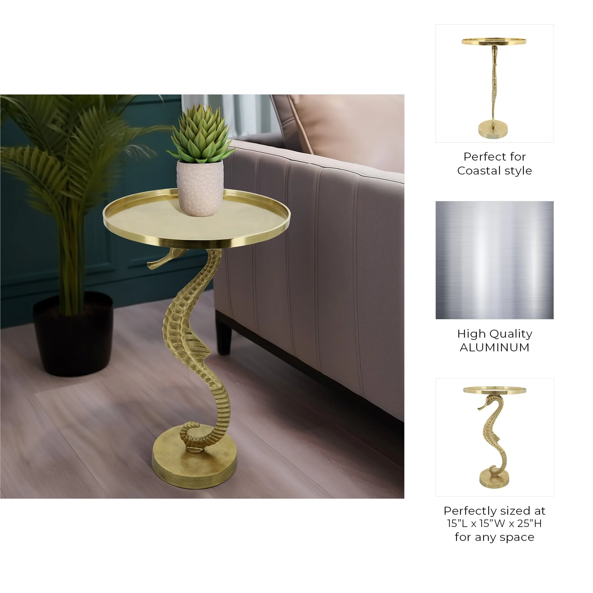 Metal, 25" Seahorse Side Table, Gold Kd - Image 10