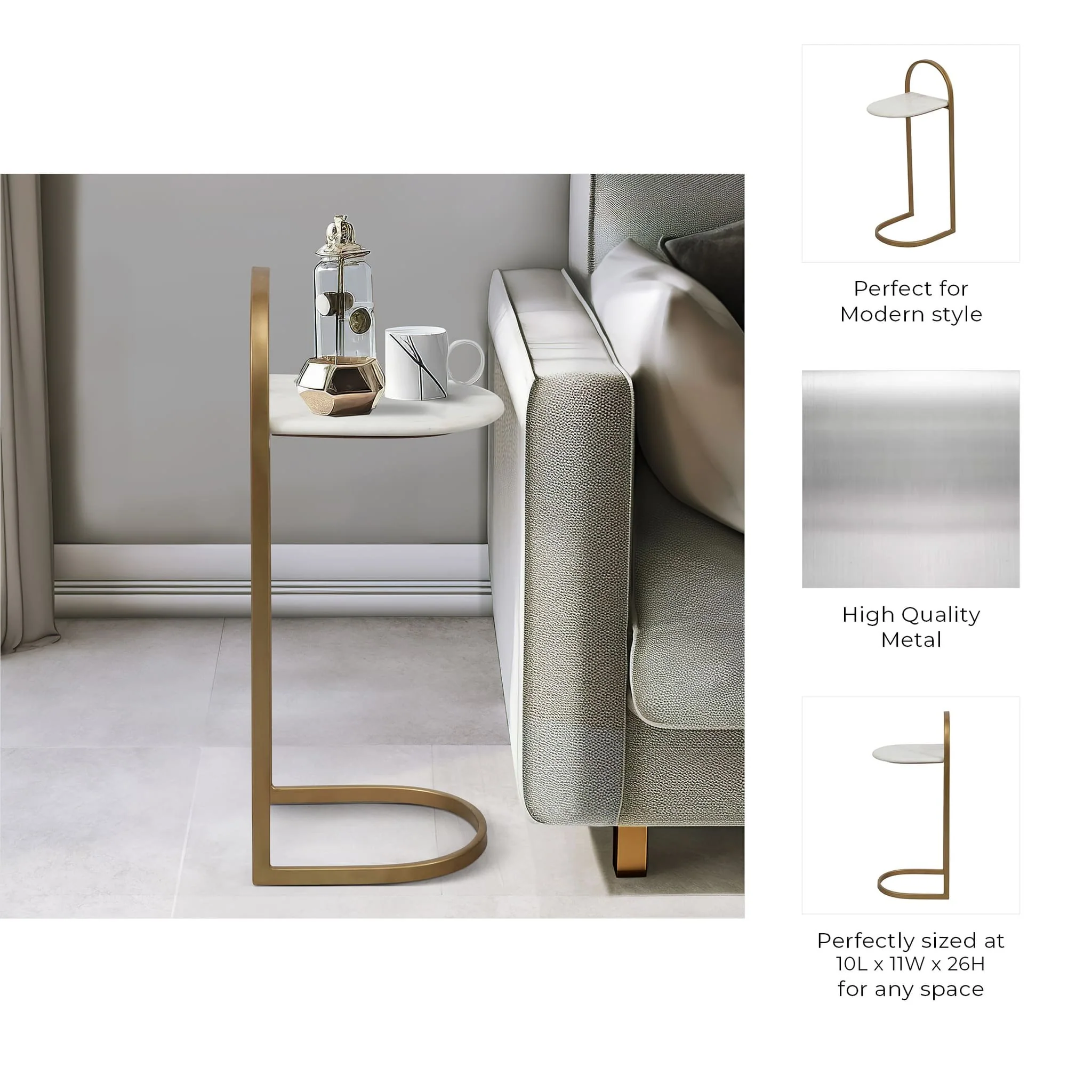 Metal, 26" C-table Marble Top, Gold - Image 8