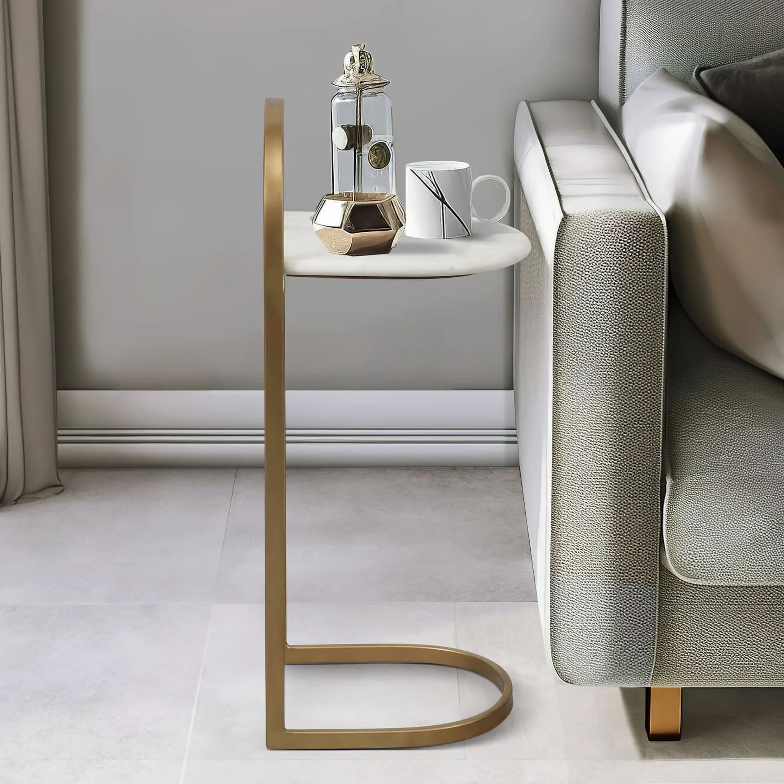 Metal, 26" C-table Marble Top, Gold - Image 9