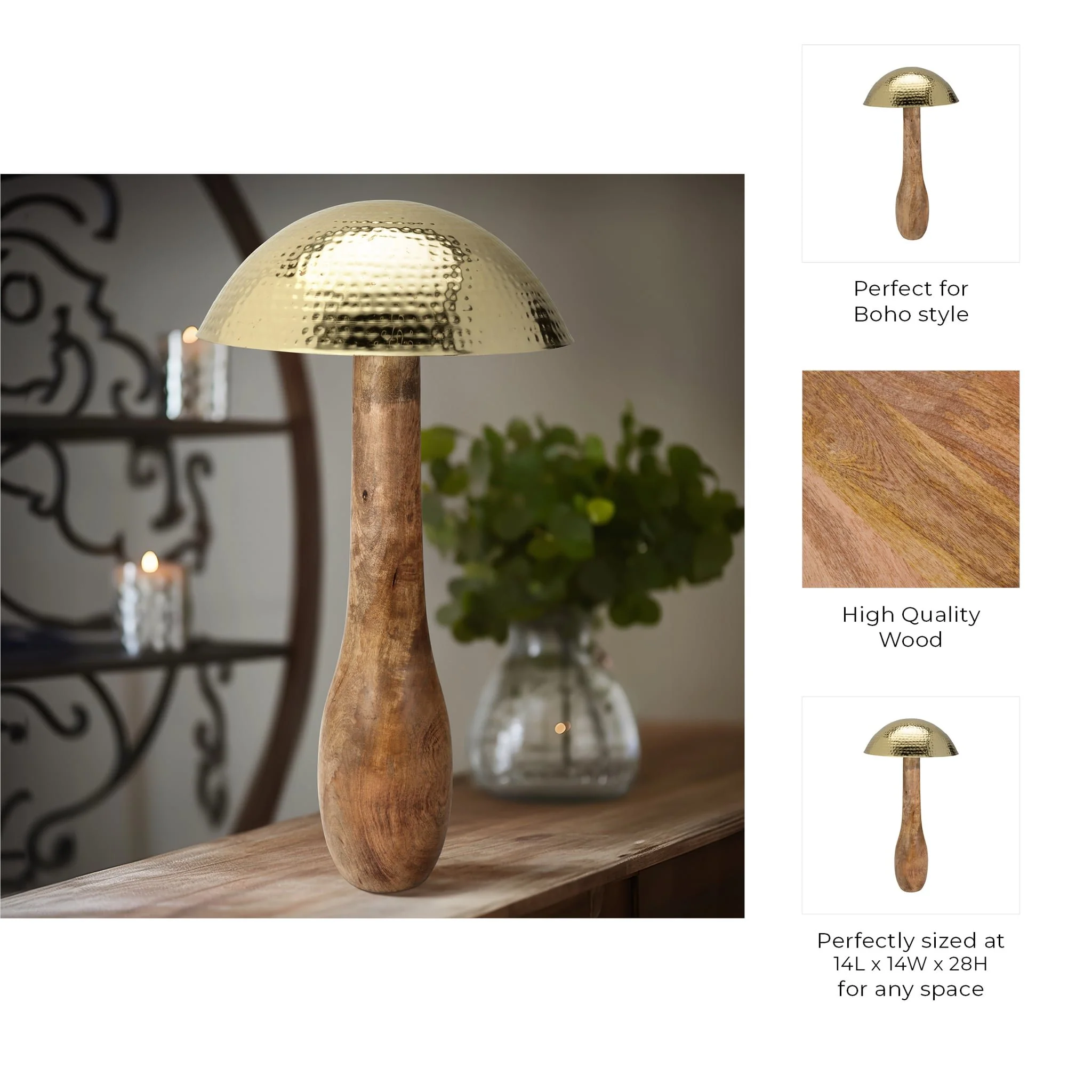 Metal, 28" Mushroom W/ Wood Base, Gold - Image 10