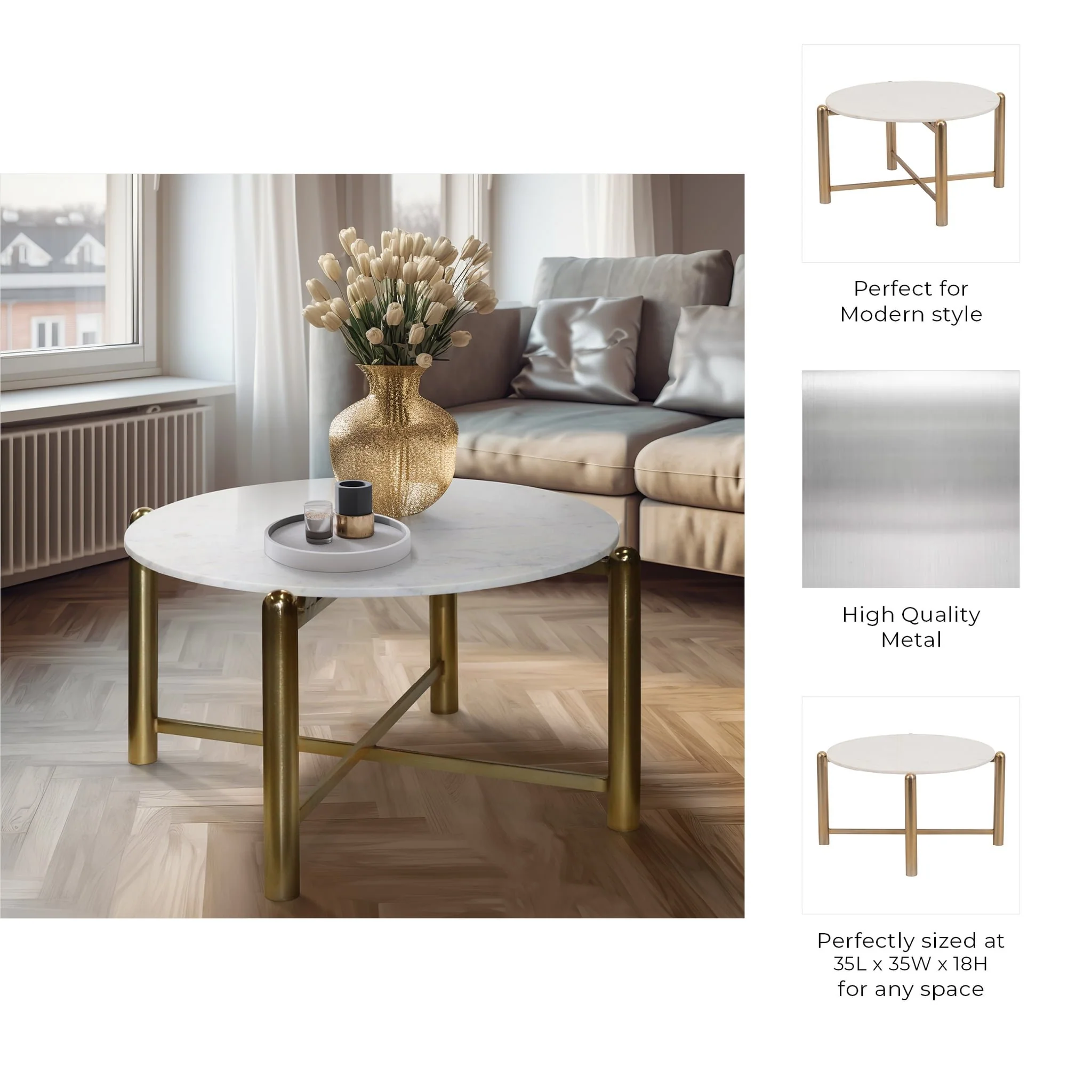 Metal, 35" Coffee Table, Gold/white - Image 8