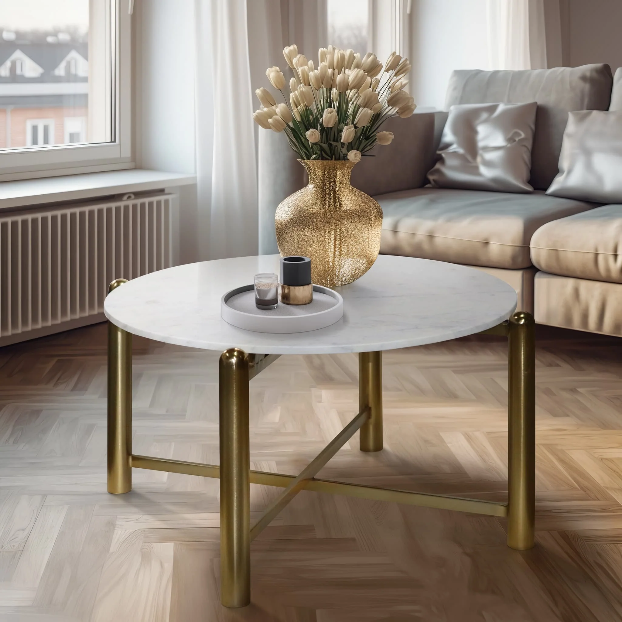 Metal, 35" Coffee Table, Gold/white - Image 9