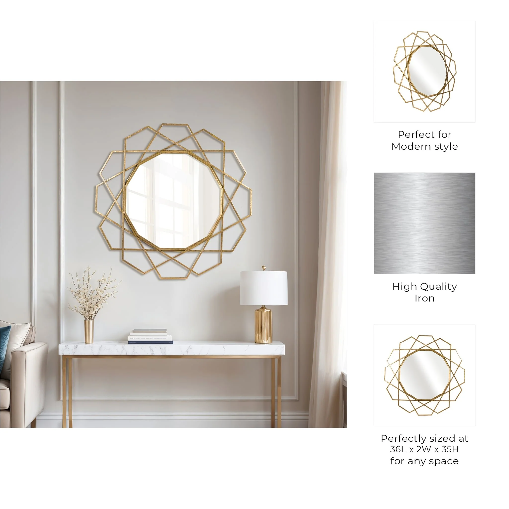 Metal 35" Geometric Mirror, Gold Wb - Image 7
