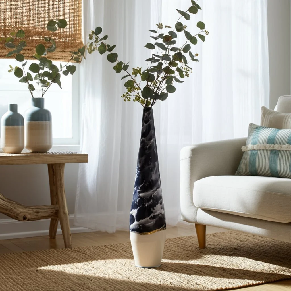 Metal, 35" Neptune Floor Vase, Ivory/navy - Image 11