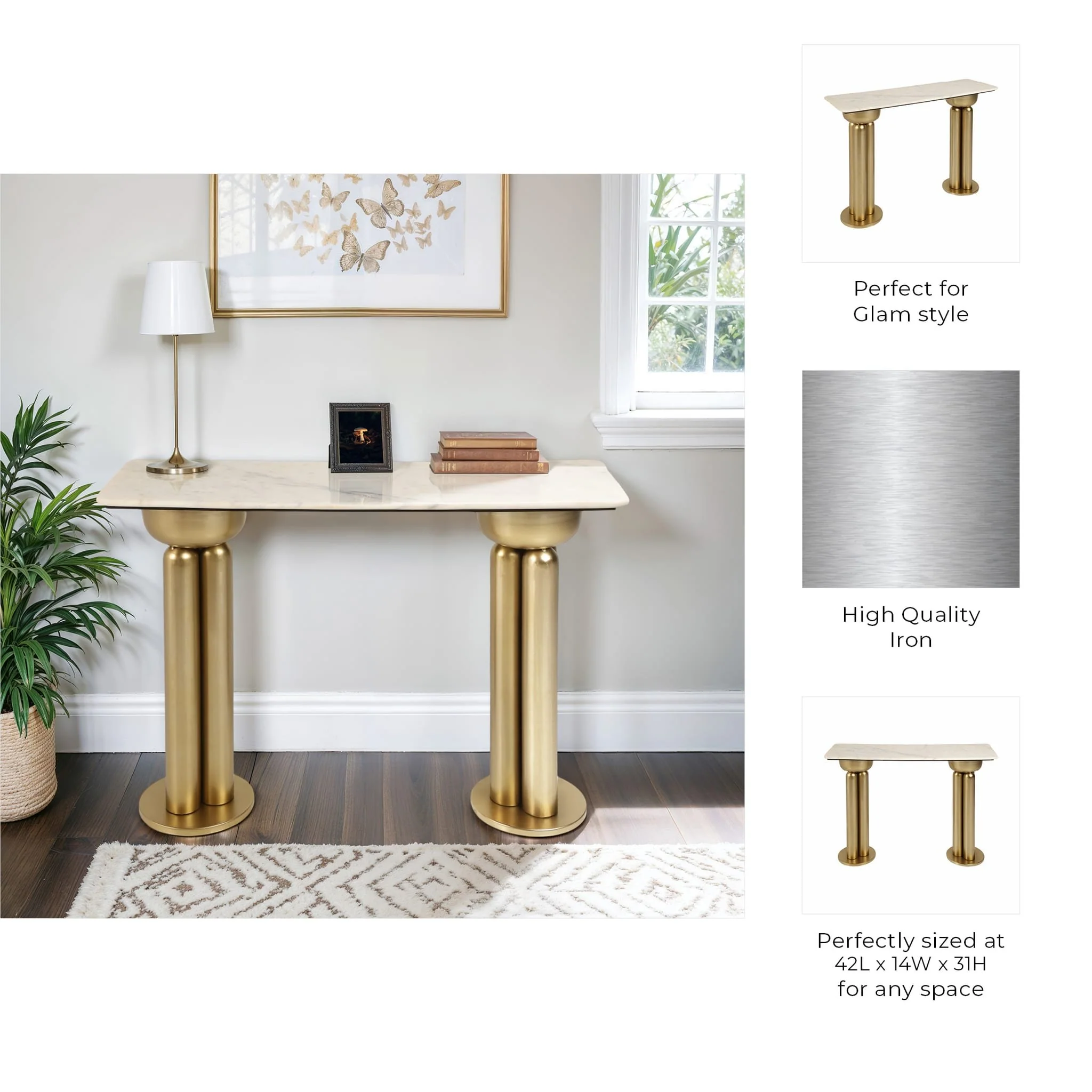 Metal, 42" Marble Top Console, Gold/white - Image 10