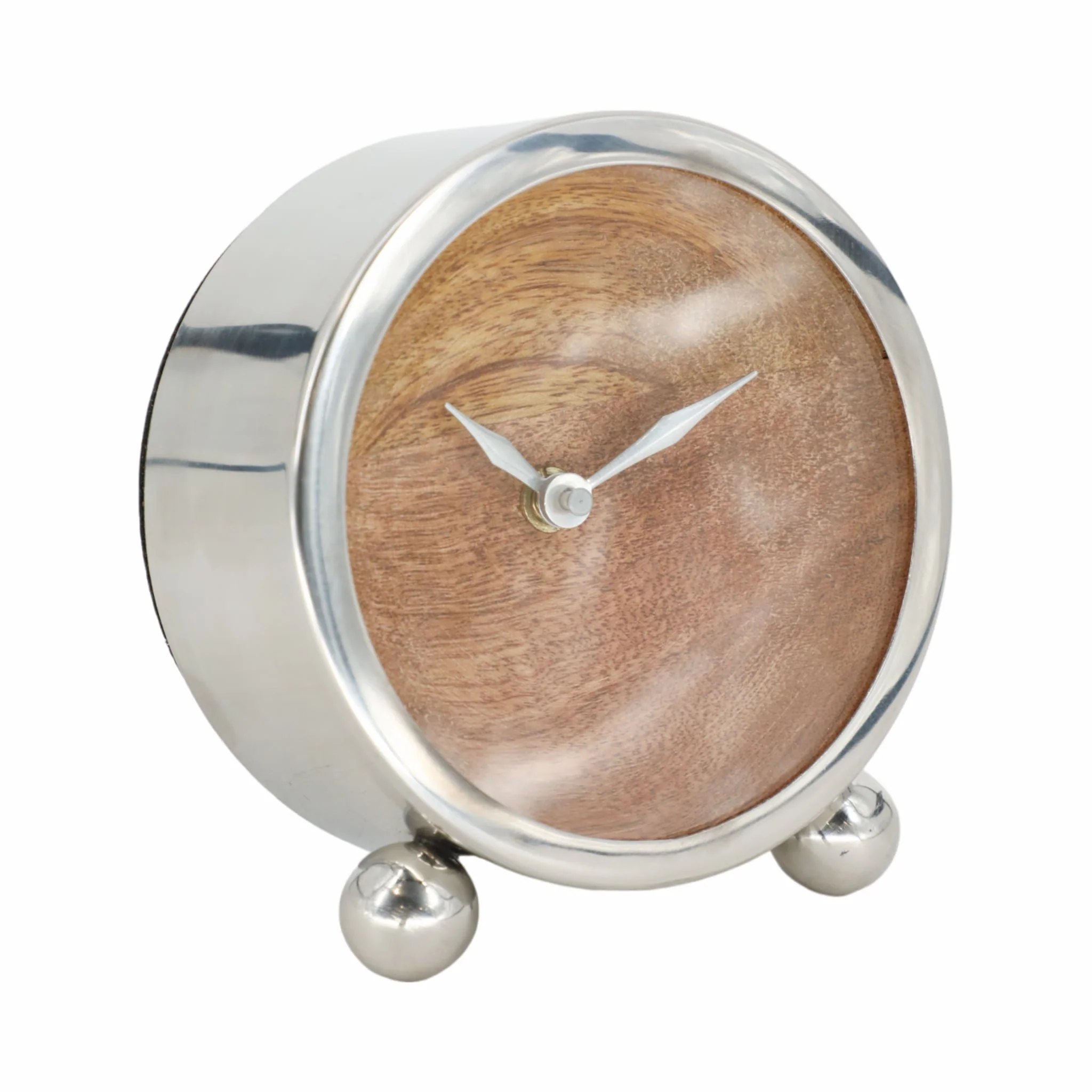 Metal, 5" Round Wood Face Table Clock, Silver - Image 2