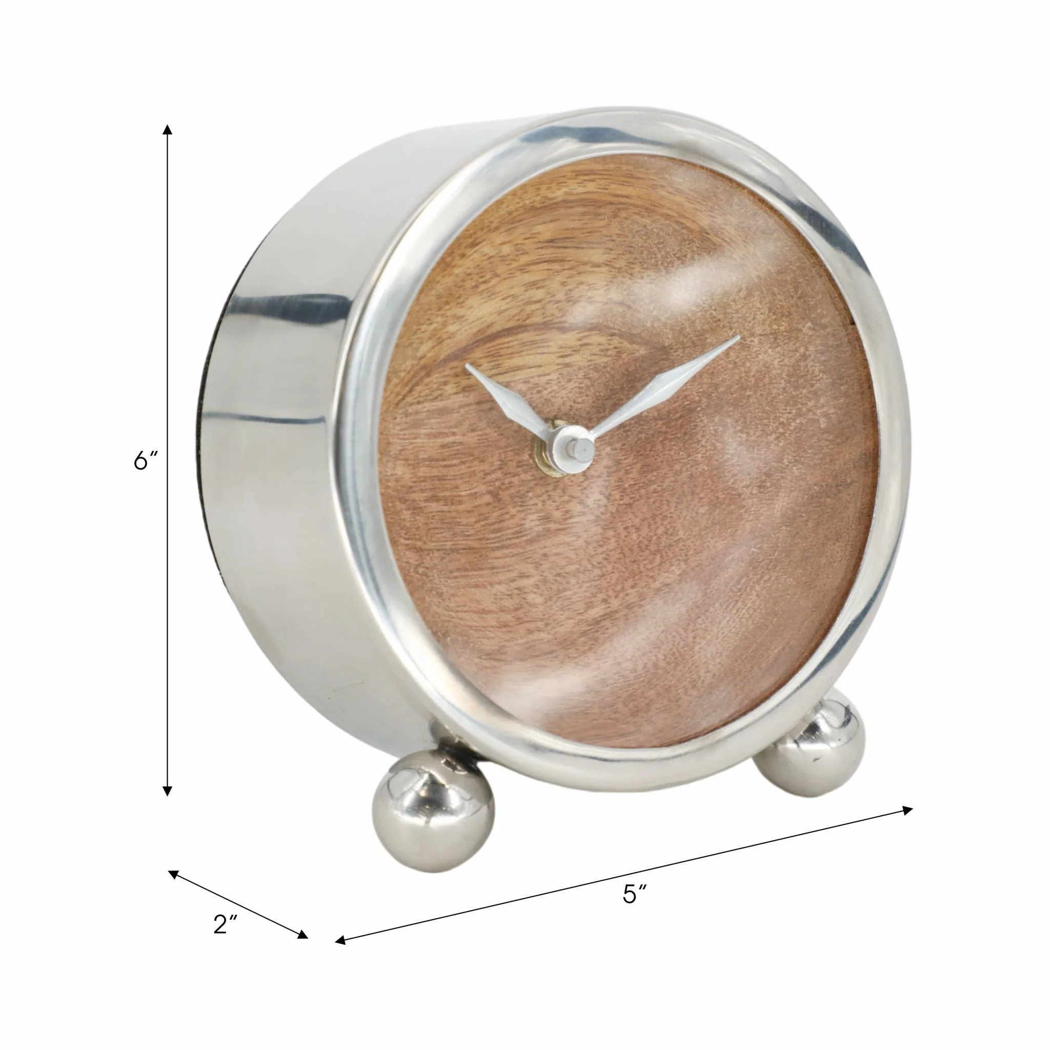 Metal, 5" Round Wood Face Table Clock, Silver - Image 8