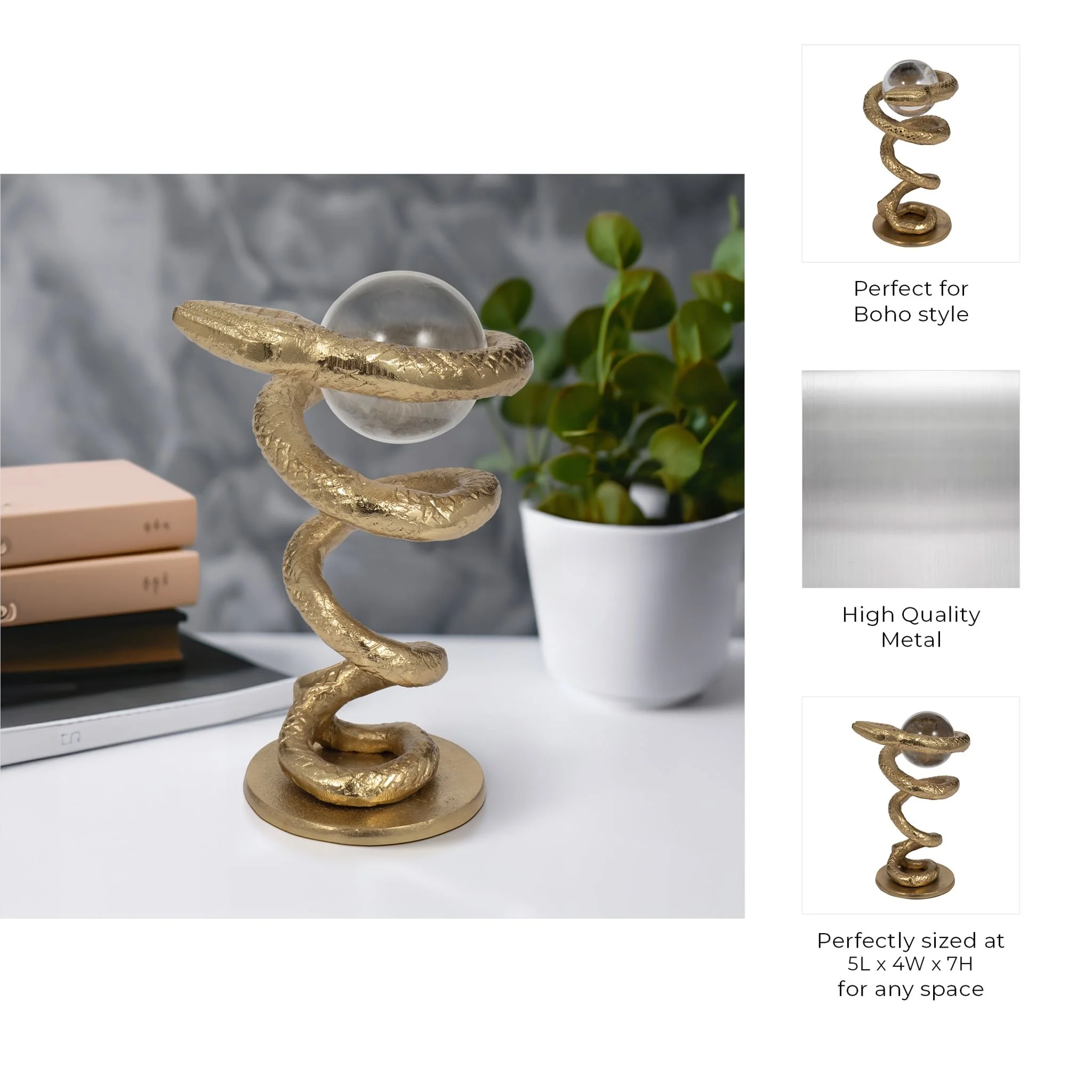 Metal, 7" Snake Coil W/ Acrylic Ball, Gold - Image 9