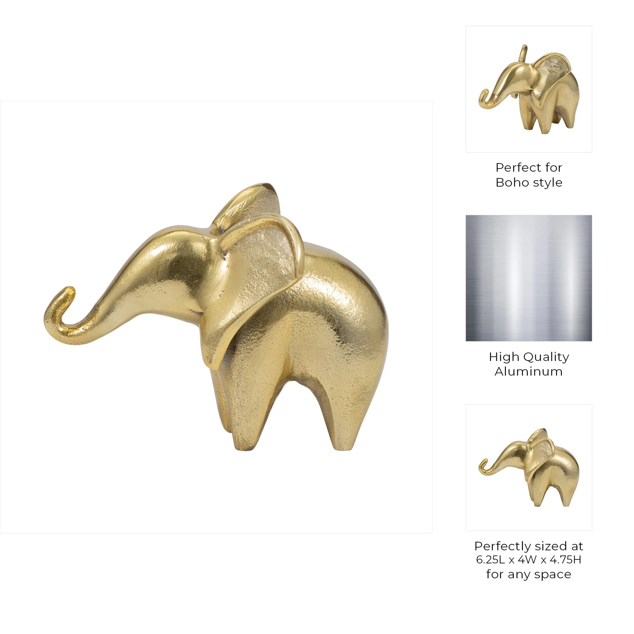 Metal, 7" Trunk Up Elephant, Gold - Image 9