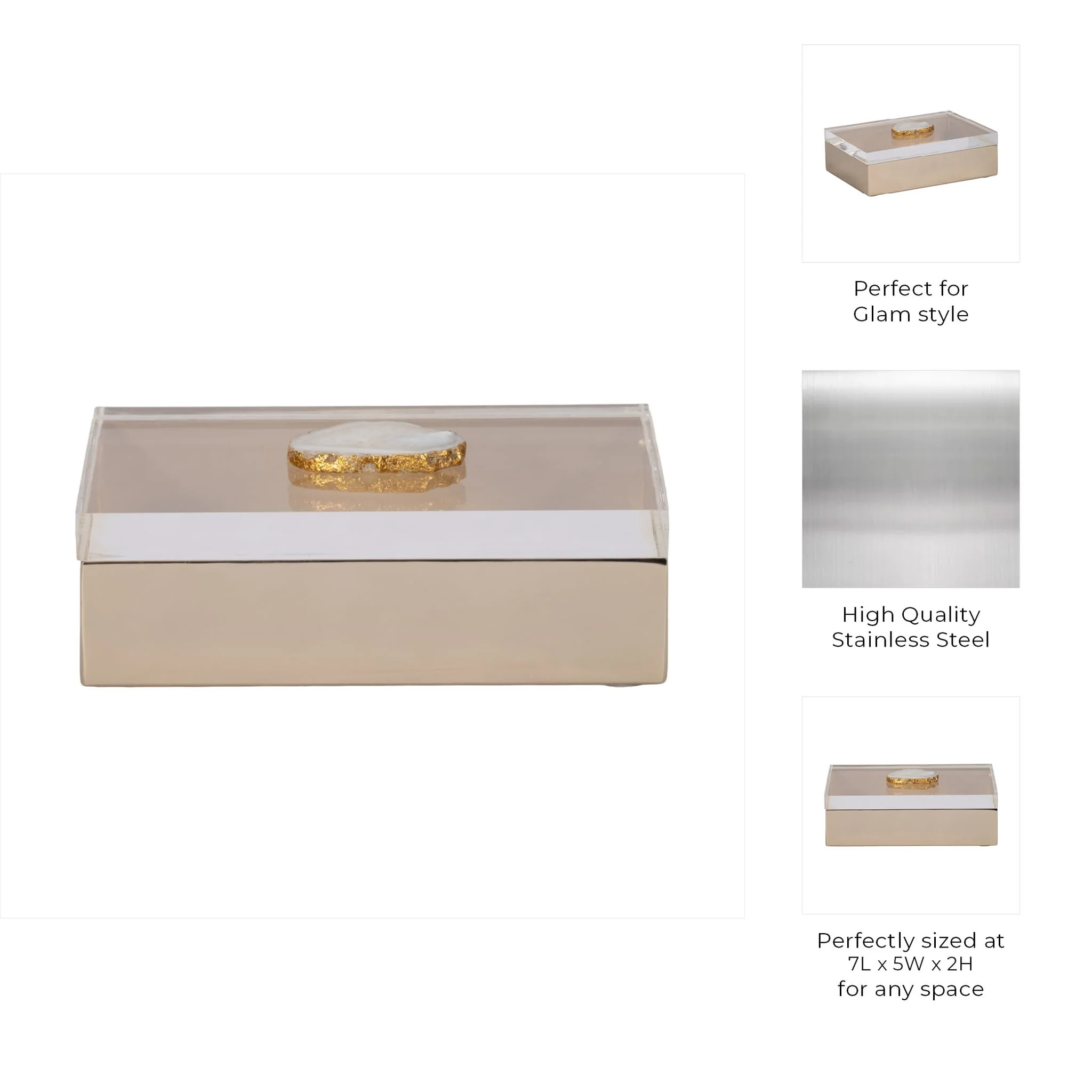 Metal, 7x5 Box W/ Acrylic Lid Agate Knob, Multi - Image 3