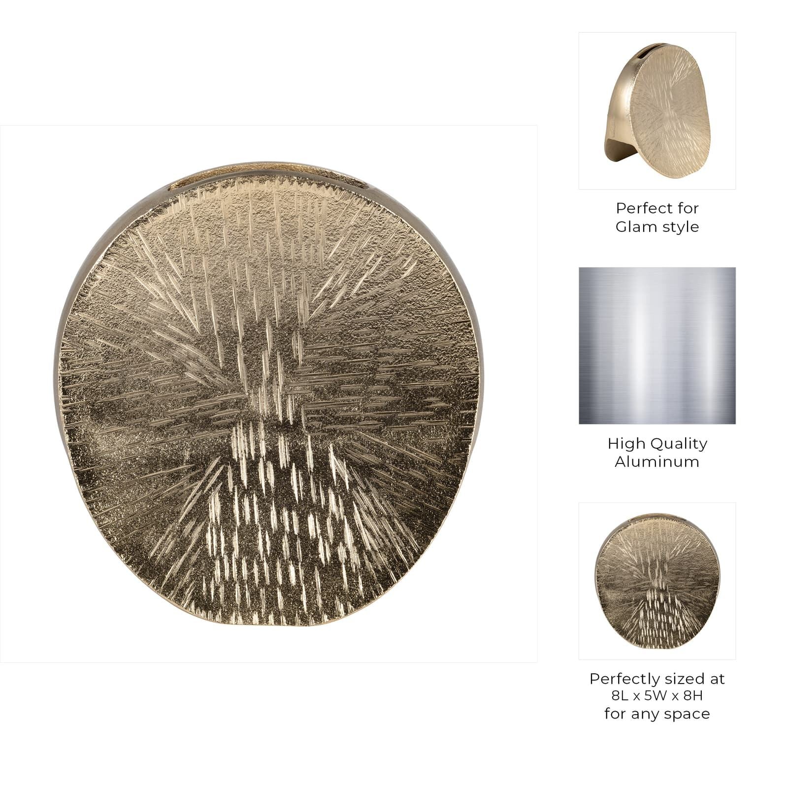 Metal, 8" Etched Oval Vase, Champagne - Image 9