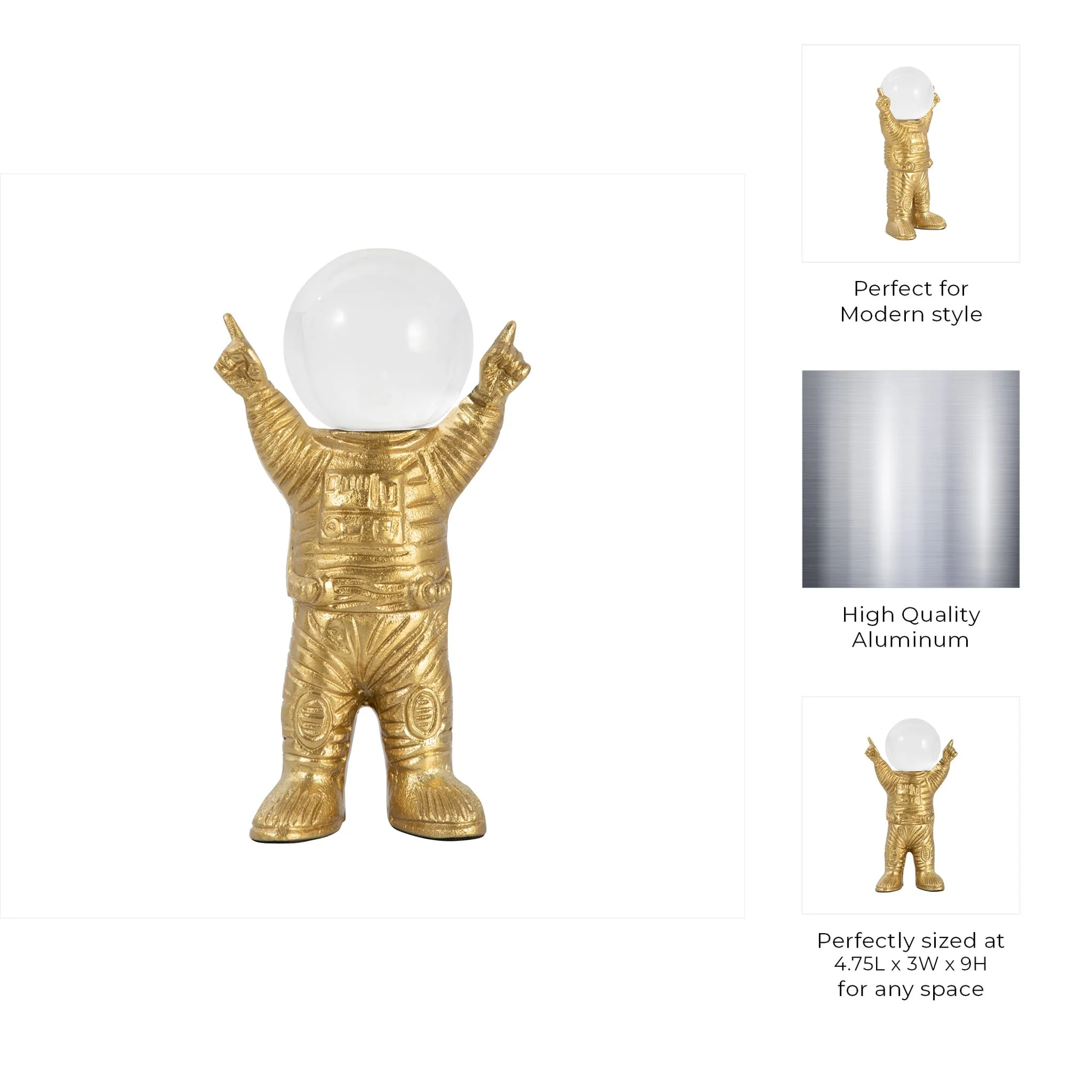 Metal, 9" Astronaut W Crystal Orb Head, Gold/clea - Image 9