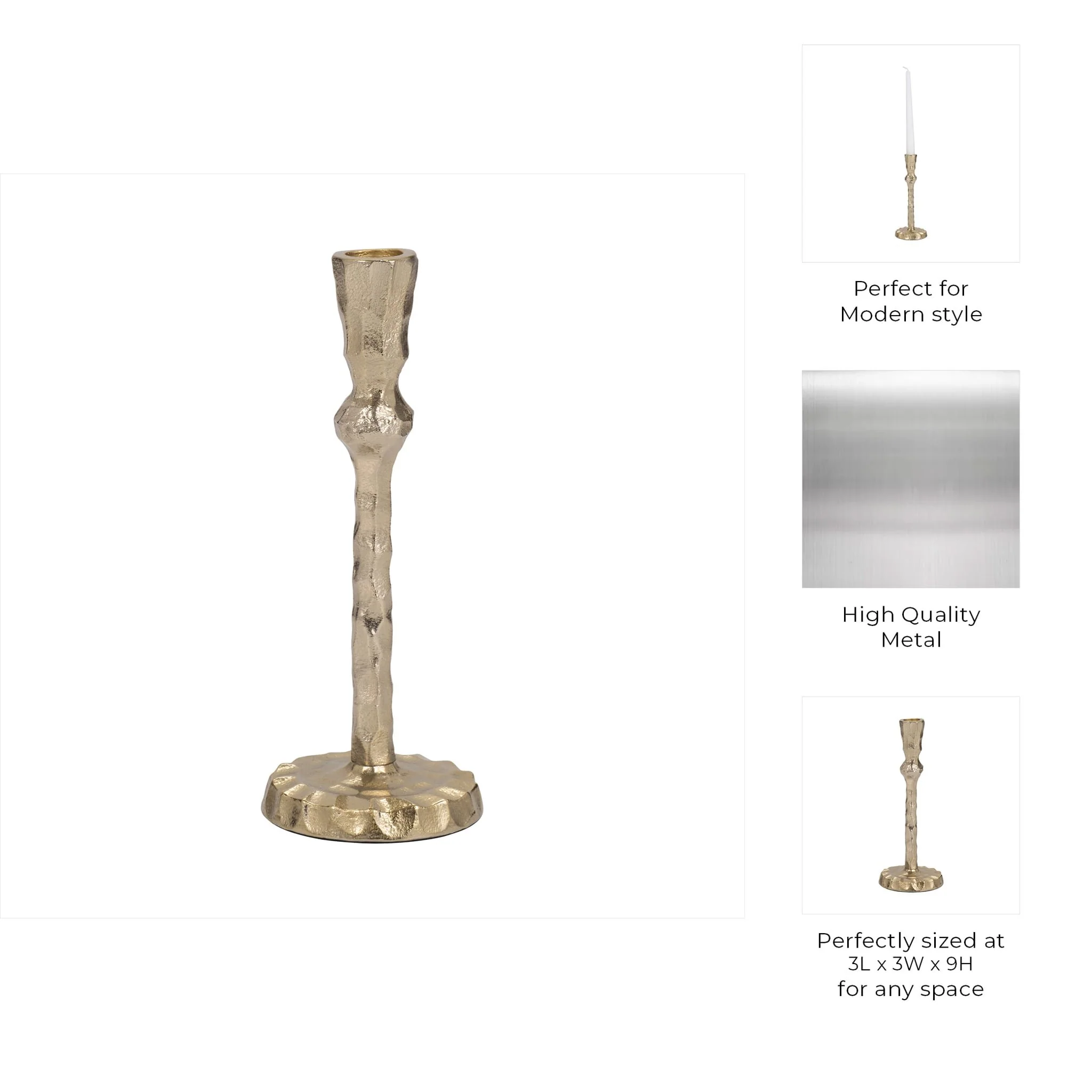 Metal, 9" Hammered Taper Candleholder, Gold - Image 9
