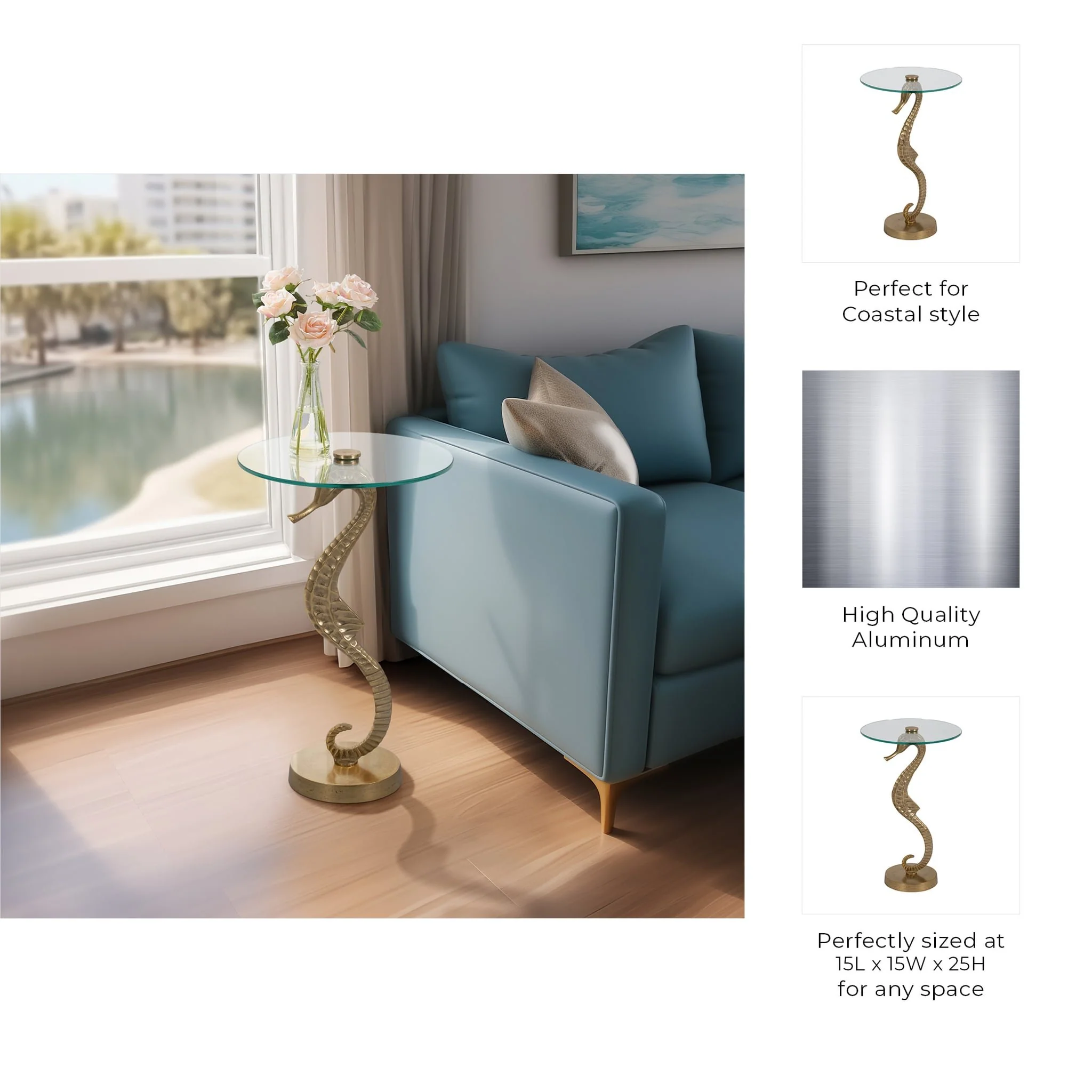 Metal/glass, 25" Seahorse Side Table, Gold Kd - Image 7