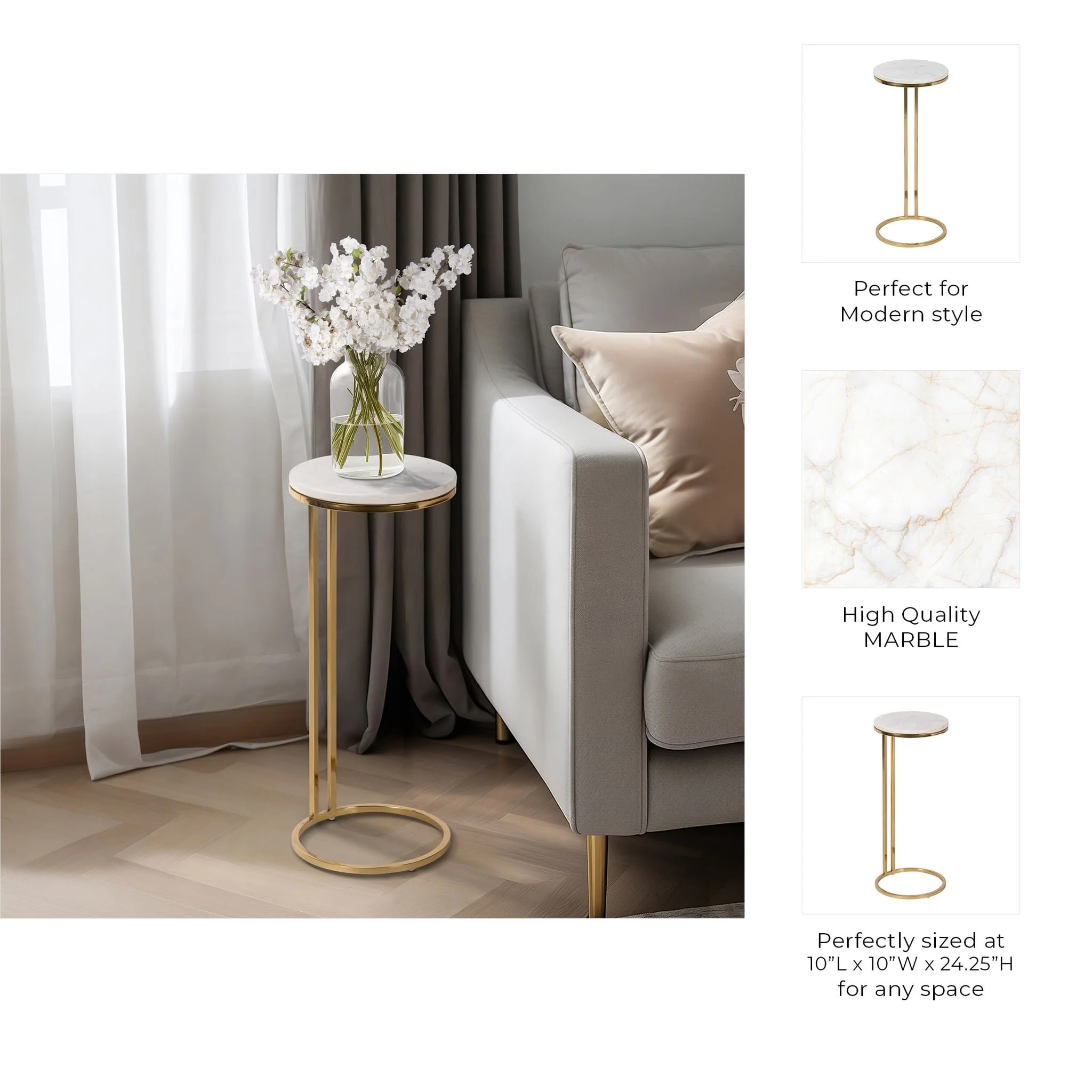 Metal/marble, 10"dx24"h Drink Table, White/gold - Image 6
