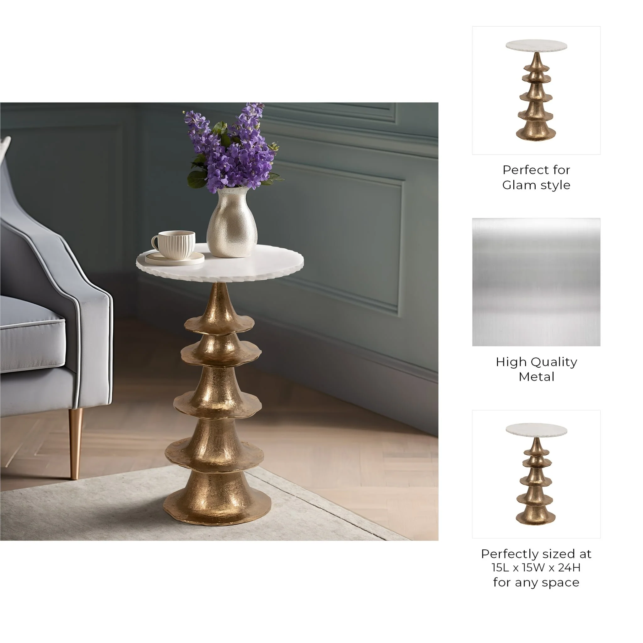 Metal/marble, 24" Jagged Edge Accent Table, White/ - Image 8