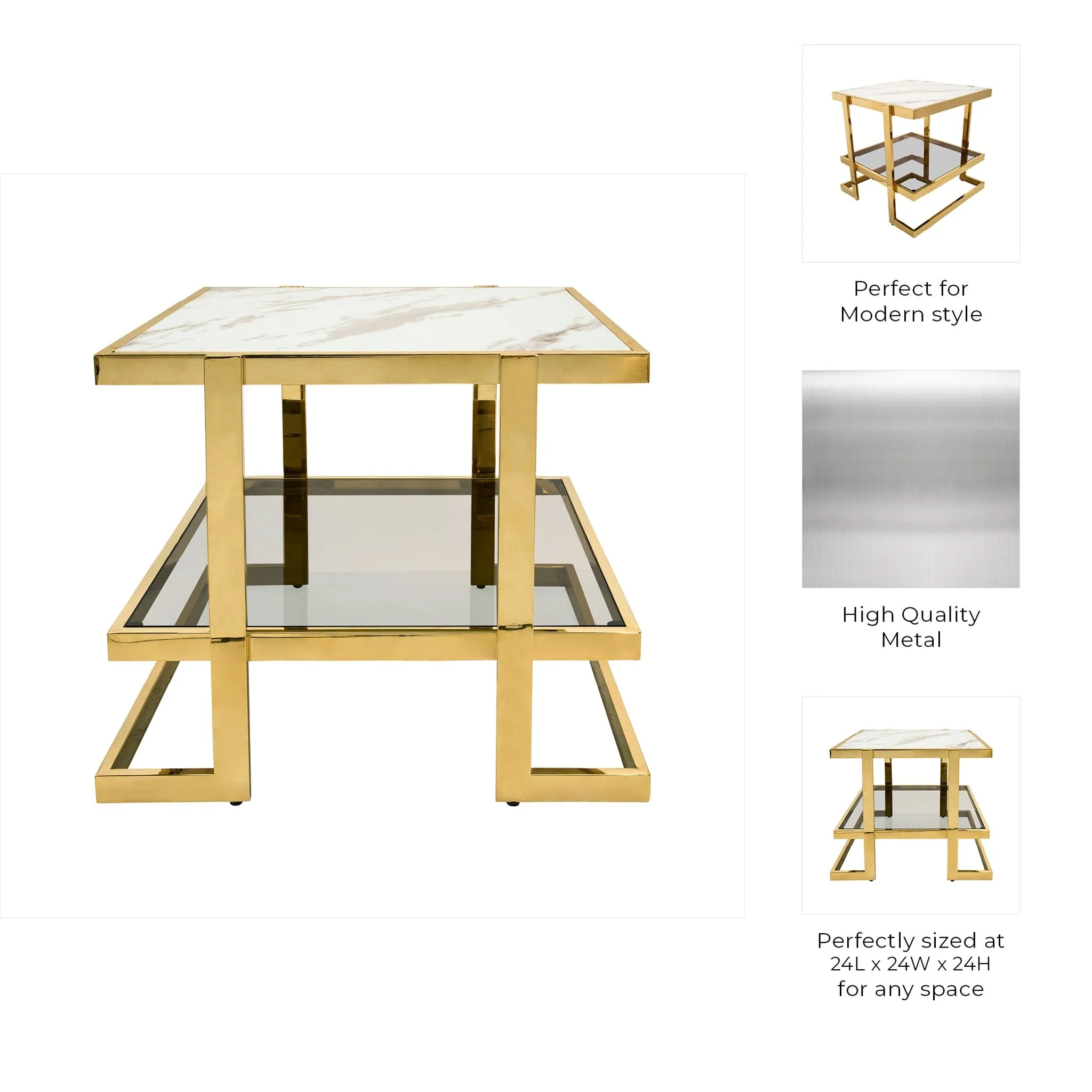 Metal/marble Glass Side Table, Gold/white Kd - Image 6