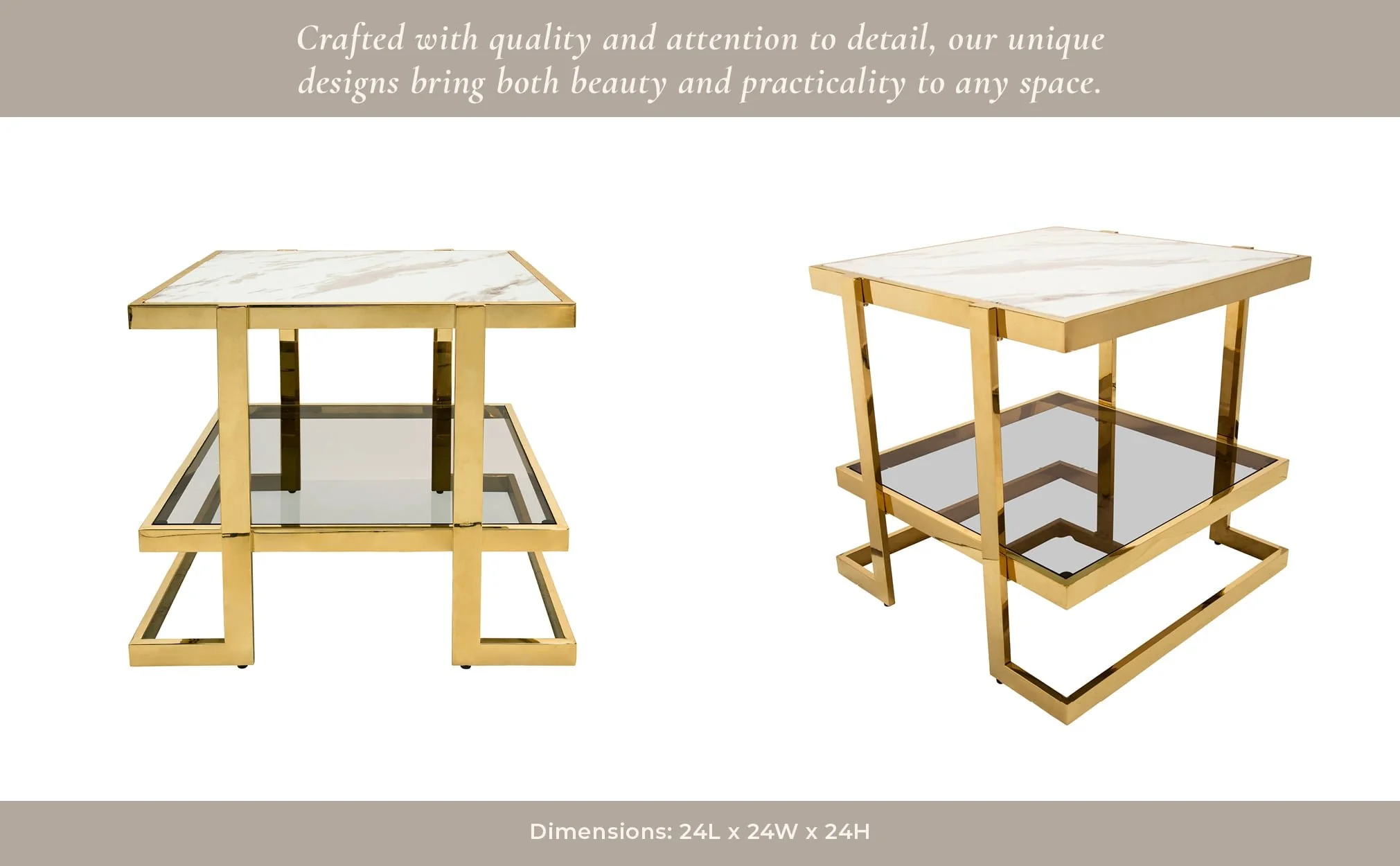 Metal/marble Glass Side Table, Gold/white Kd - Image 9