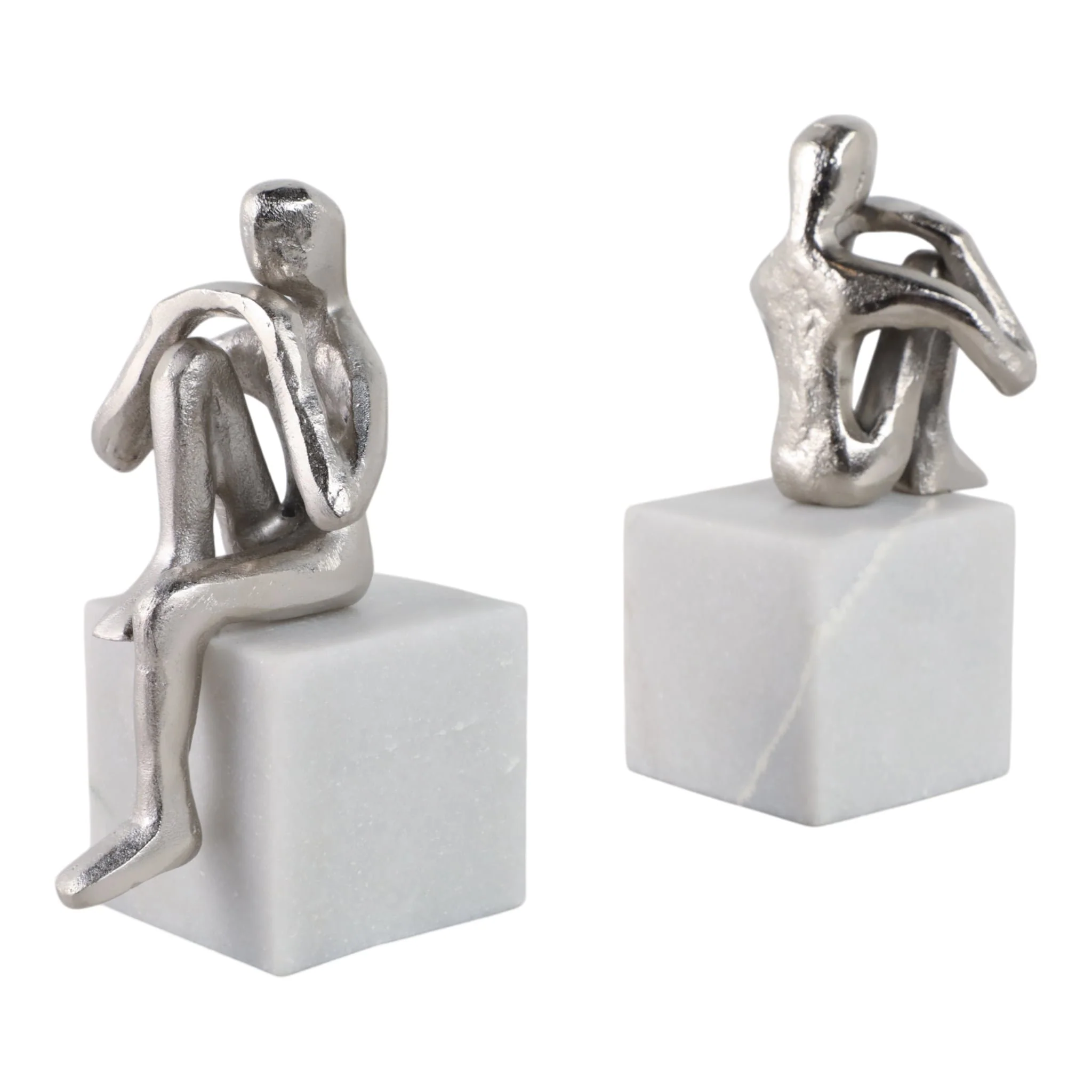 Metal/marble S/2  Sitting Leg Up Bookends, Silver - Image 3