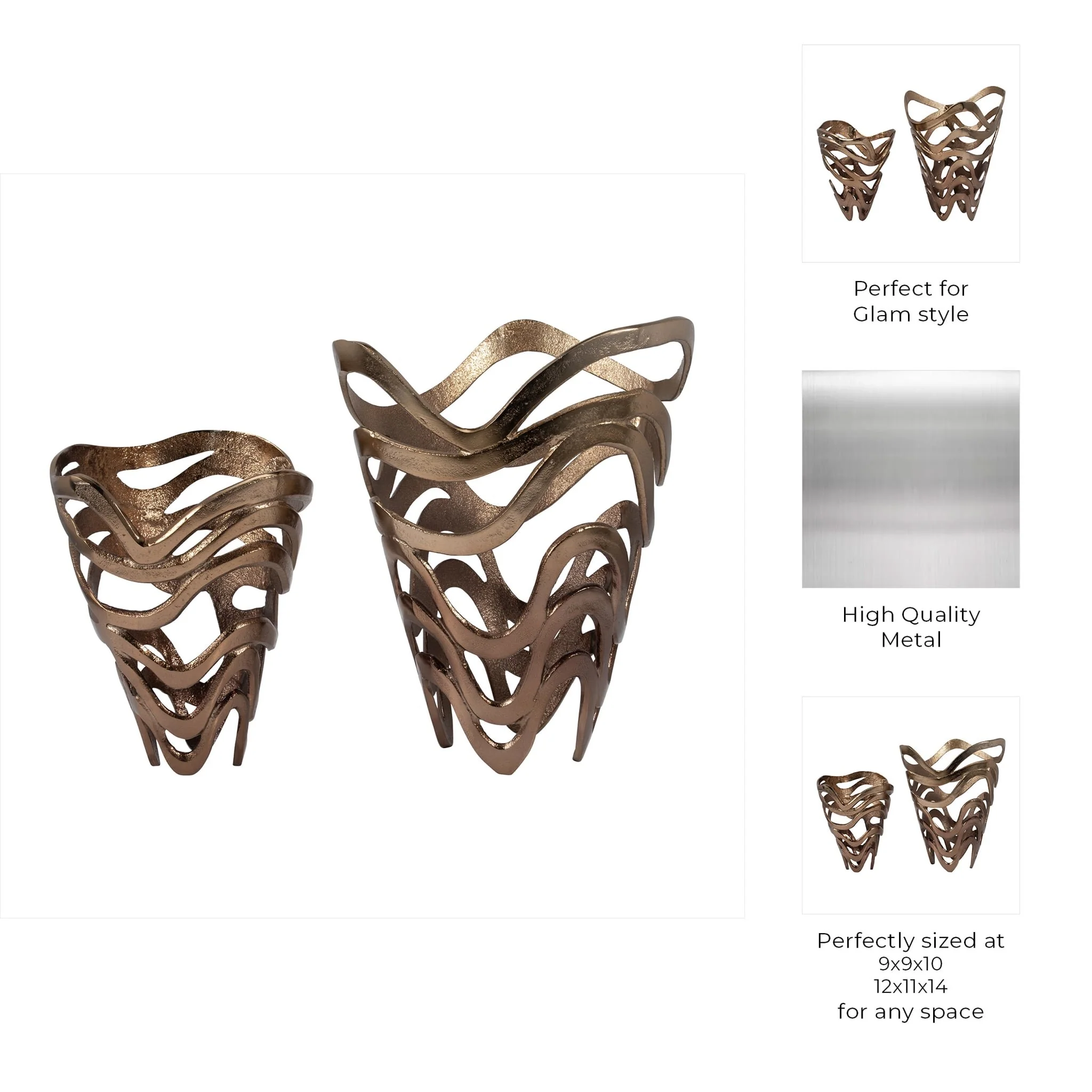 Metal S/2, 10/14" Abstract Tornato Vase, Champagne - Image 9