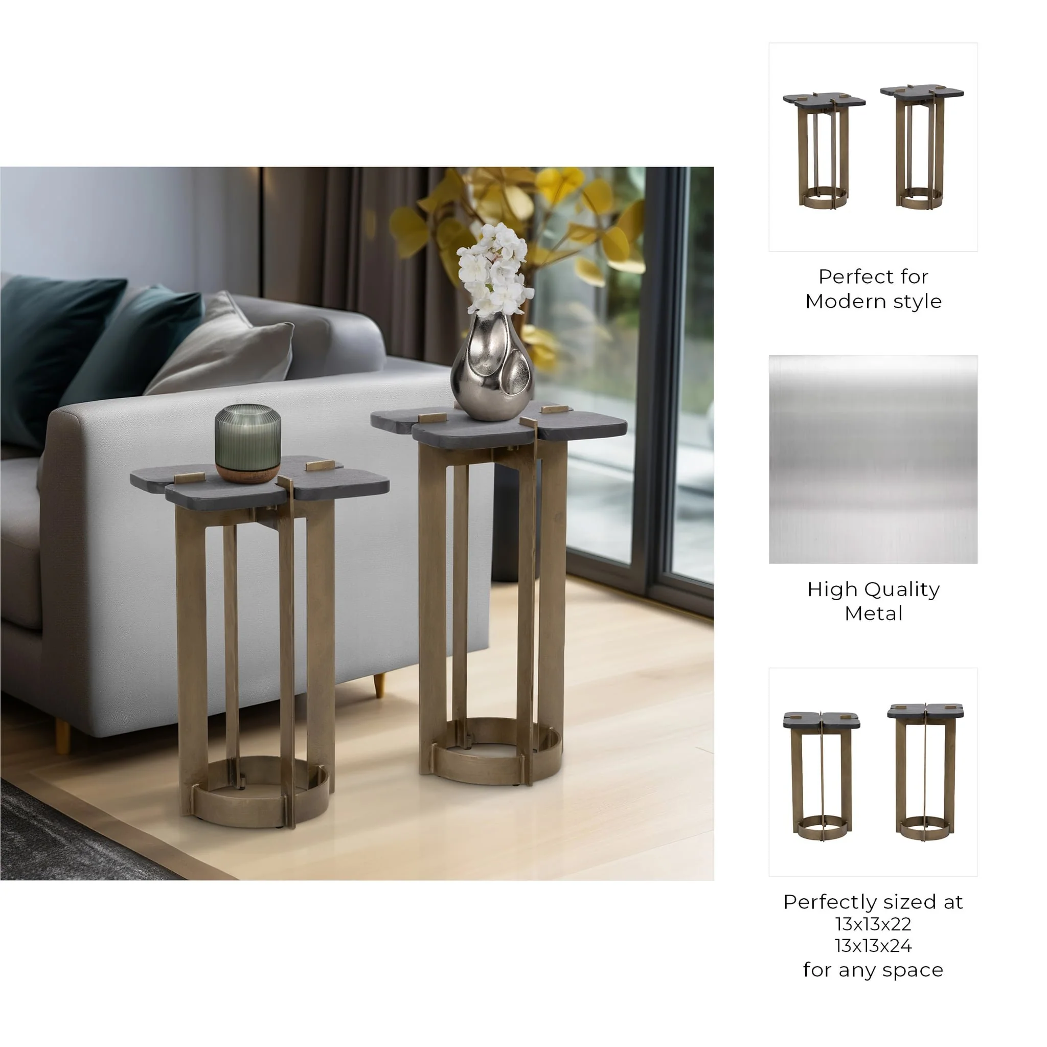 Metal, S/2 22/24" Stone Top Side Tables, 2boxes - Image 8