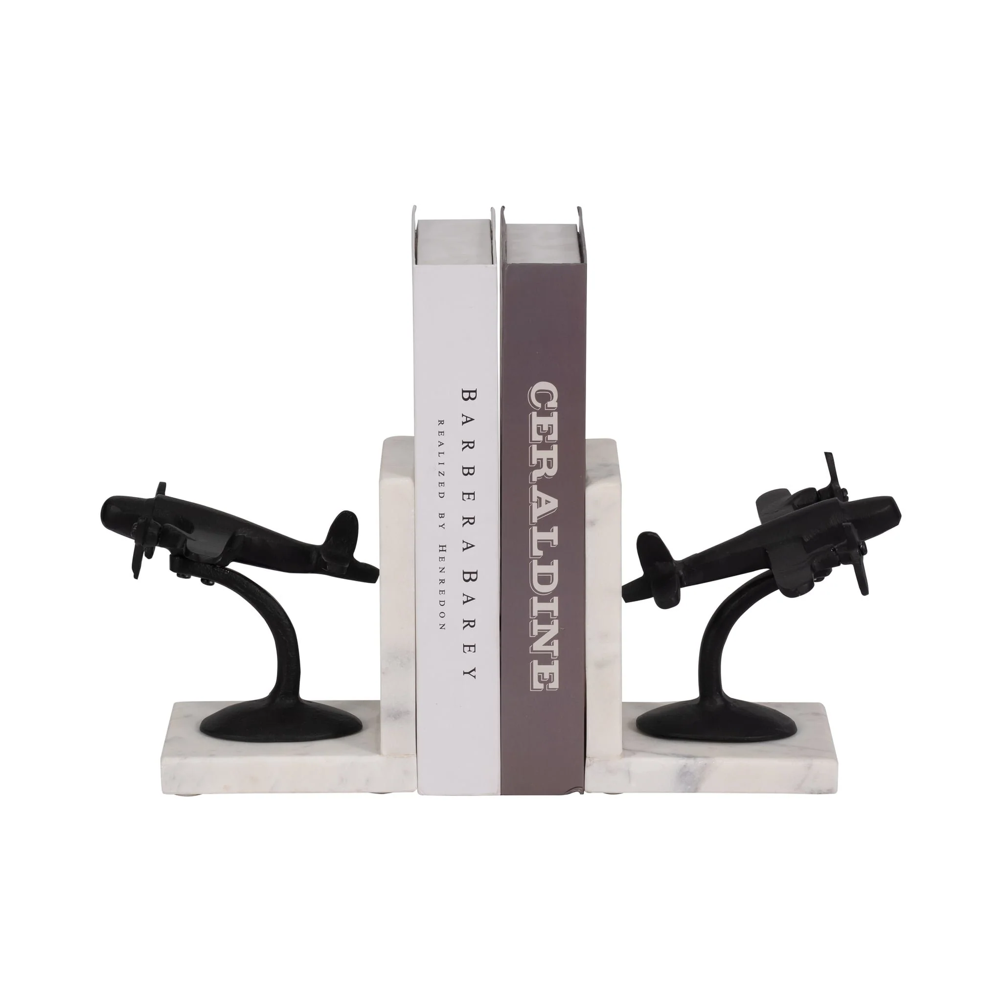 Metal, S/2 6" Airplane Bookends On Marble, Blk/wht - Image 2
