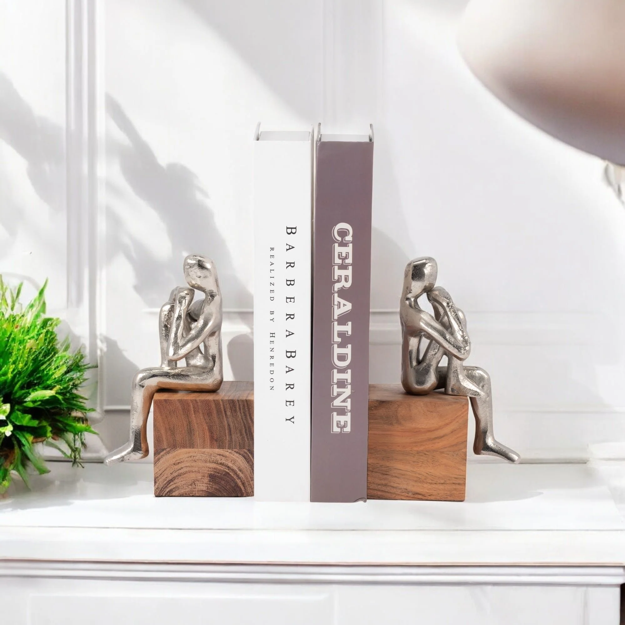 Metal, S/2 7" Thinking Man Bookend Wood Base, Silv - Image 10