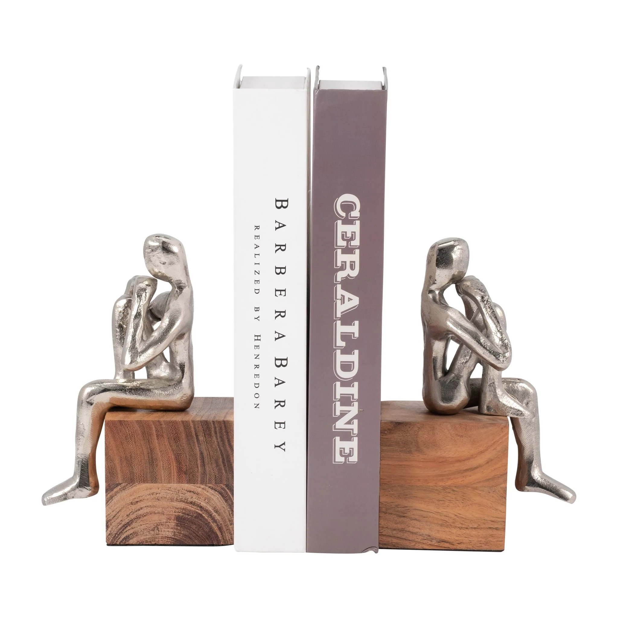 Metal, S/2 7" Thinking Man Bookend Wood Base, Silv - Image 3