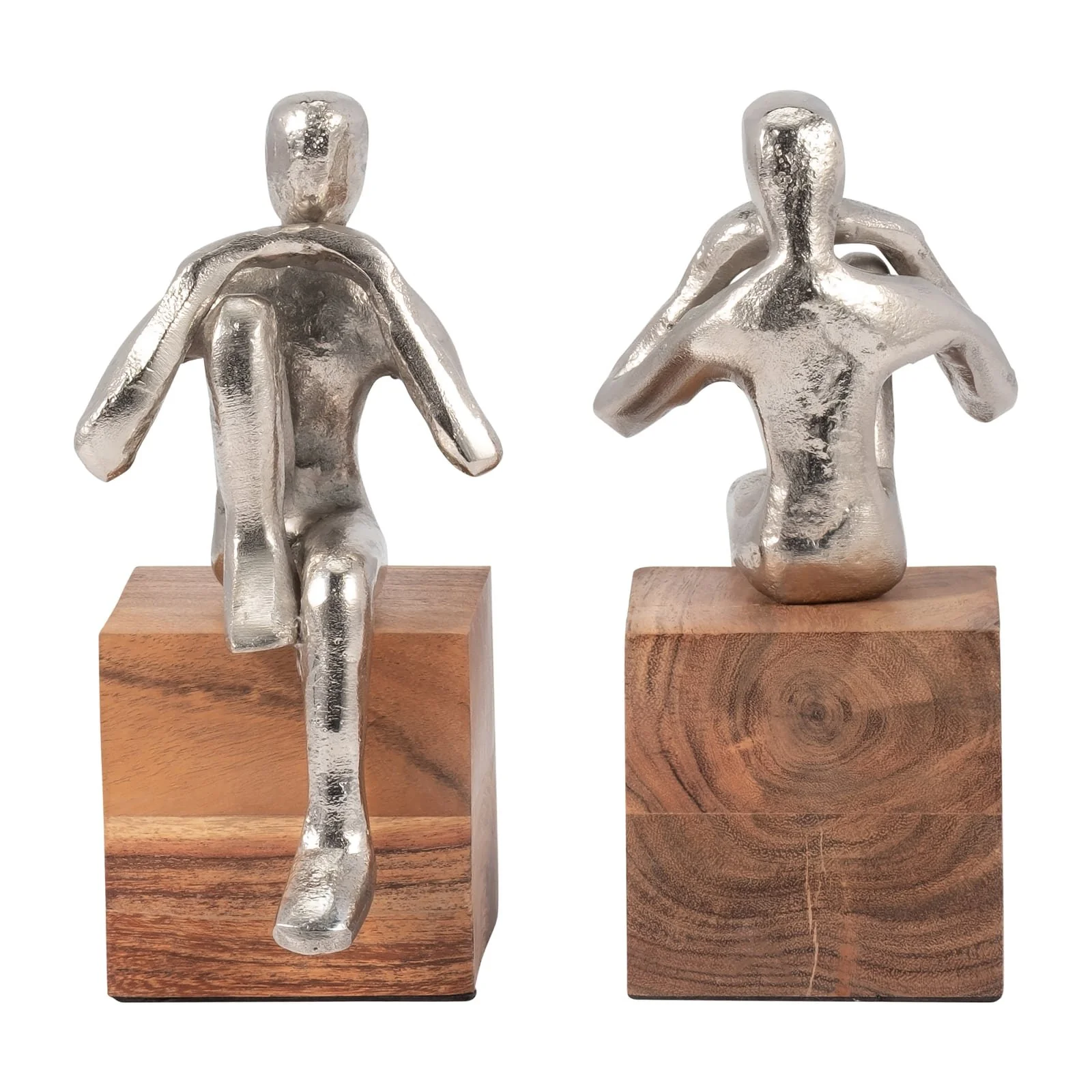 Metal, S/2 7" Thinking Man Bookend Wood Base, Silv - Image 4