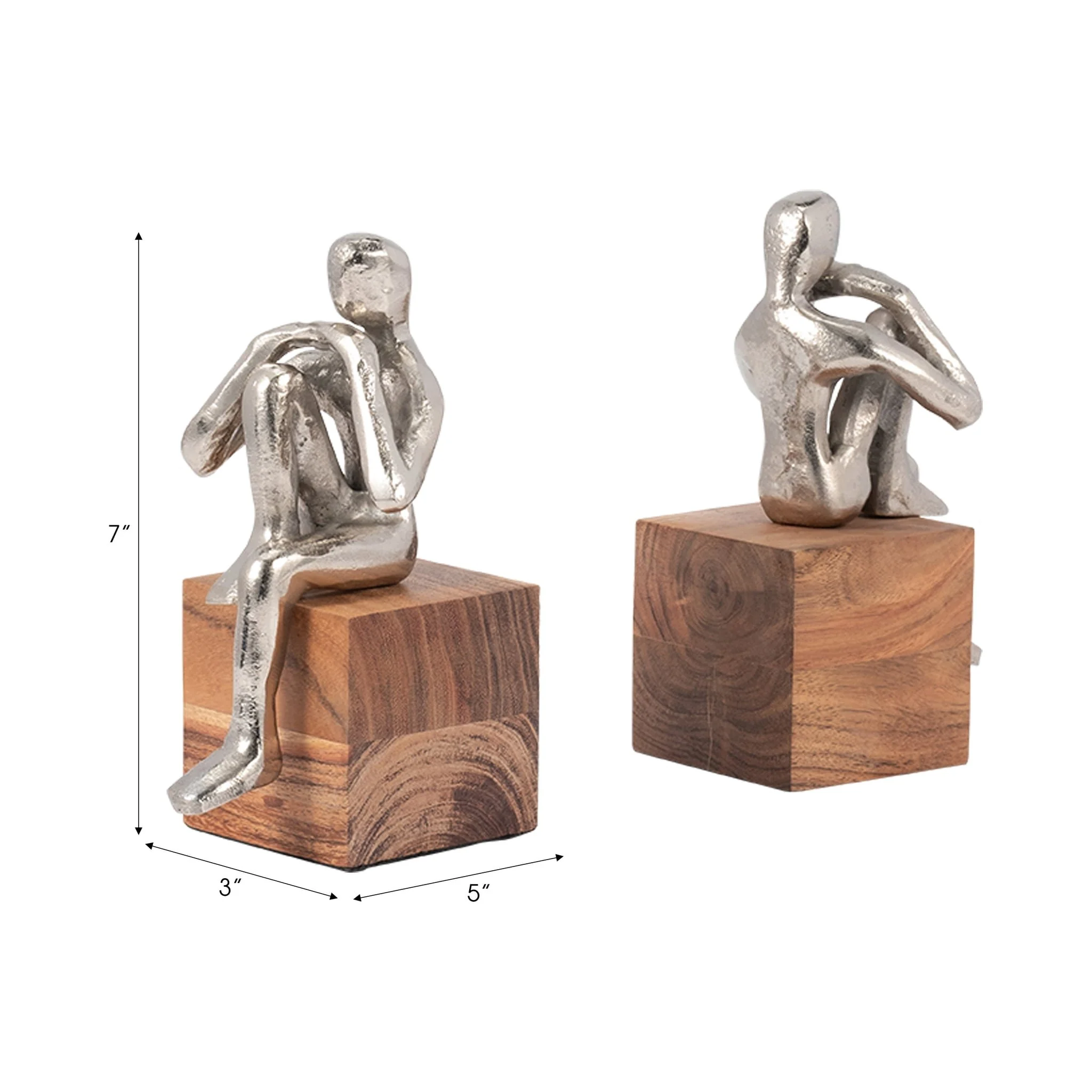 Metal, S/2 7" Thinking Man Bookend Wood Base, Silv - Image 8