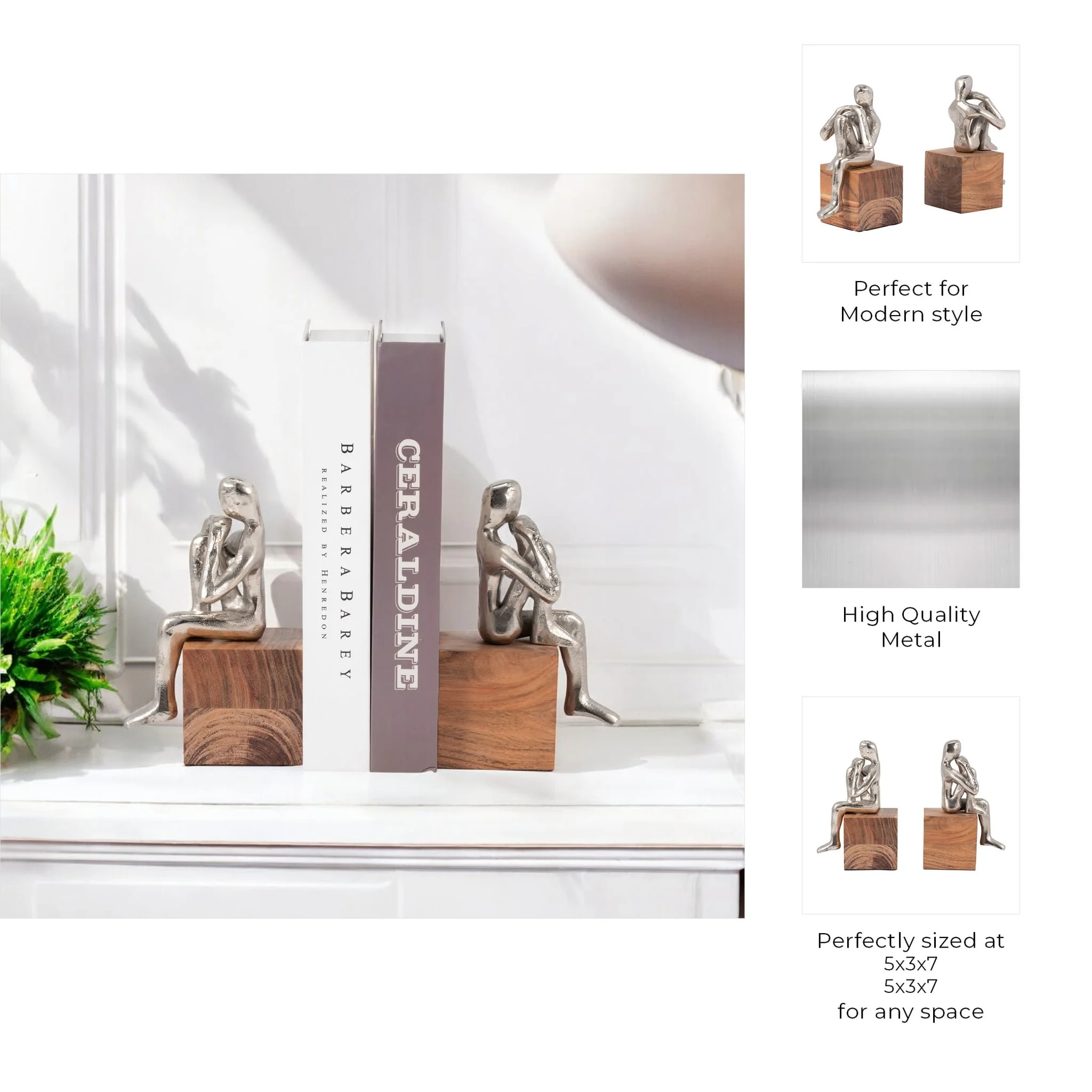 Metal, S/2 7" Thinking Man Bookend Wood Base, Silv - Image 9