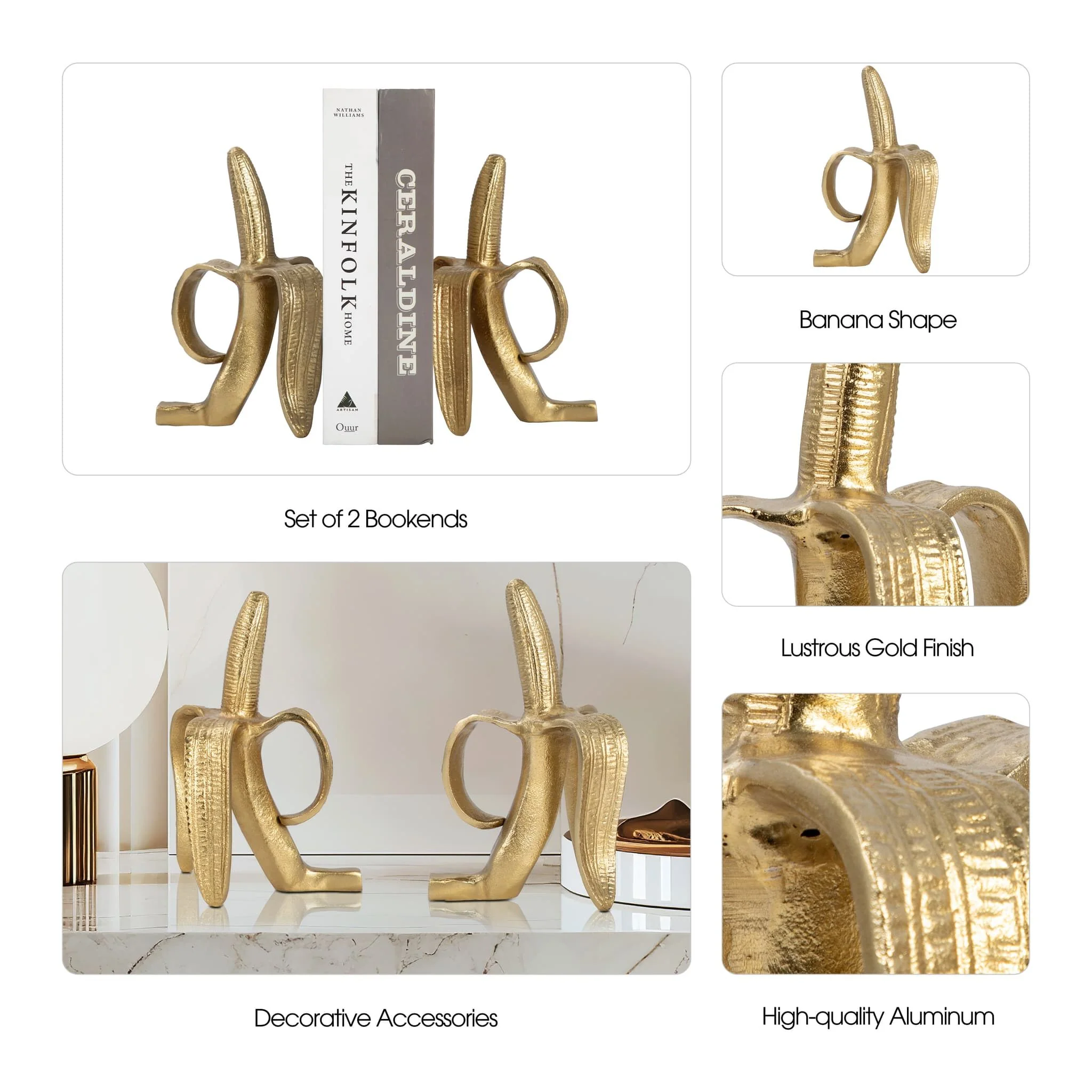 Metal, S/2 9" Banana Bookends, Gold - Image 8
