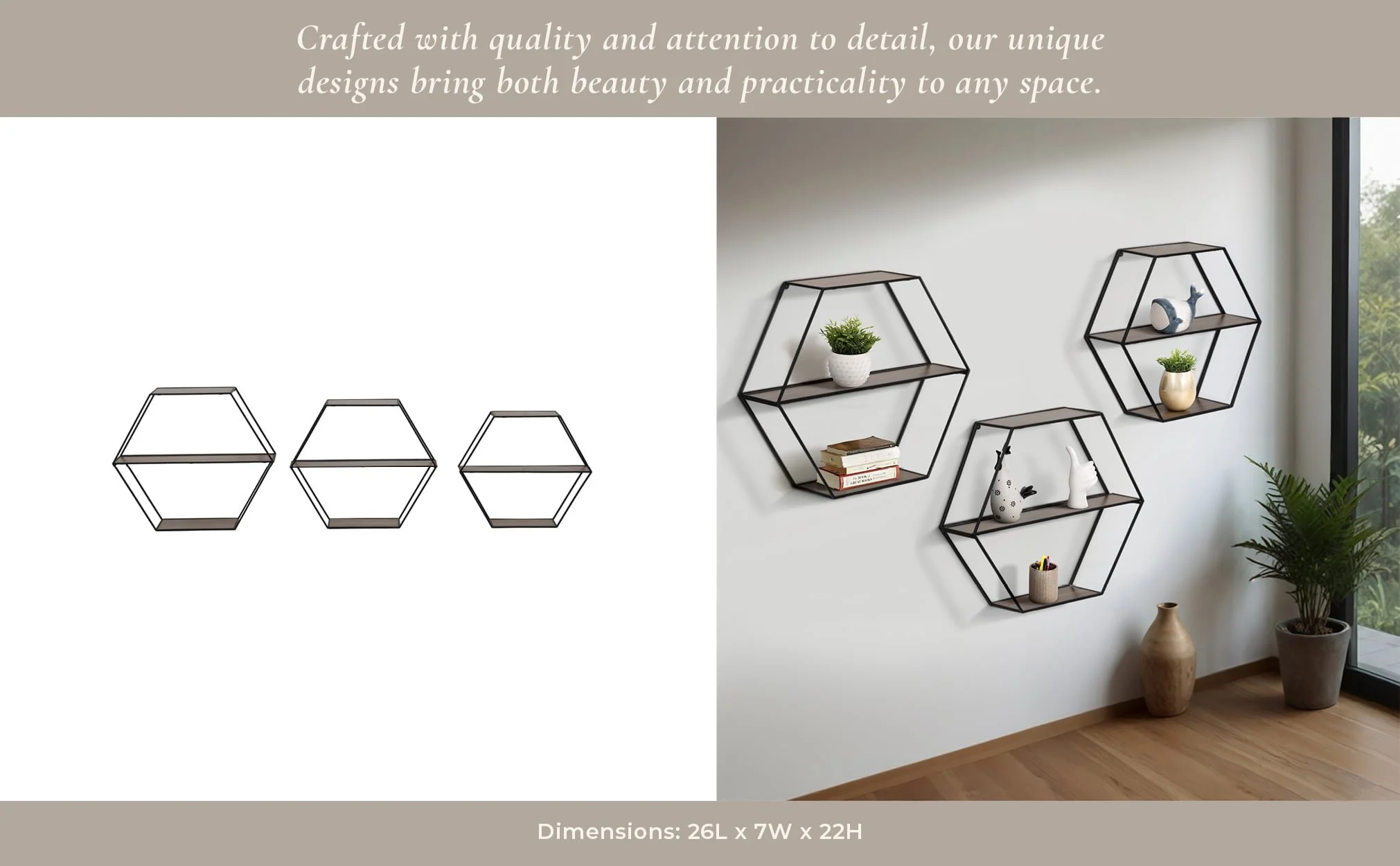 Metal/wd, S/3 21/24/26" Hex Folding Wall Shelf,blk - Image 10
