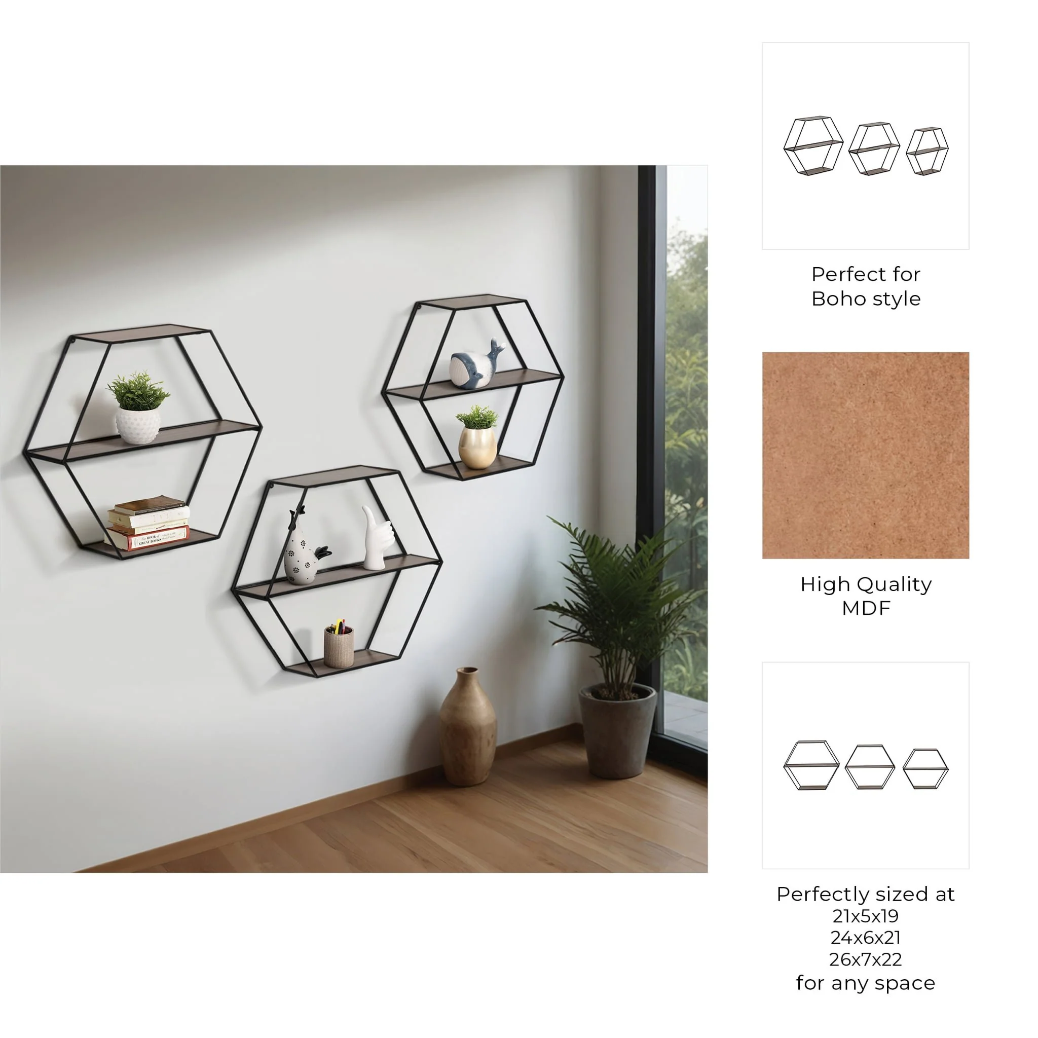 Metal/wd, S/3 21/24/26" Hex Folding Wall Shelf,blk - Image 8