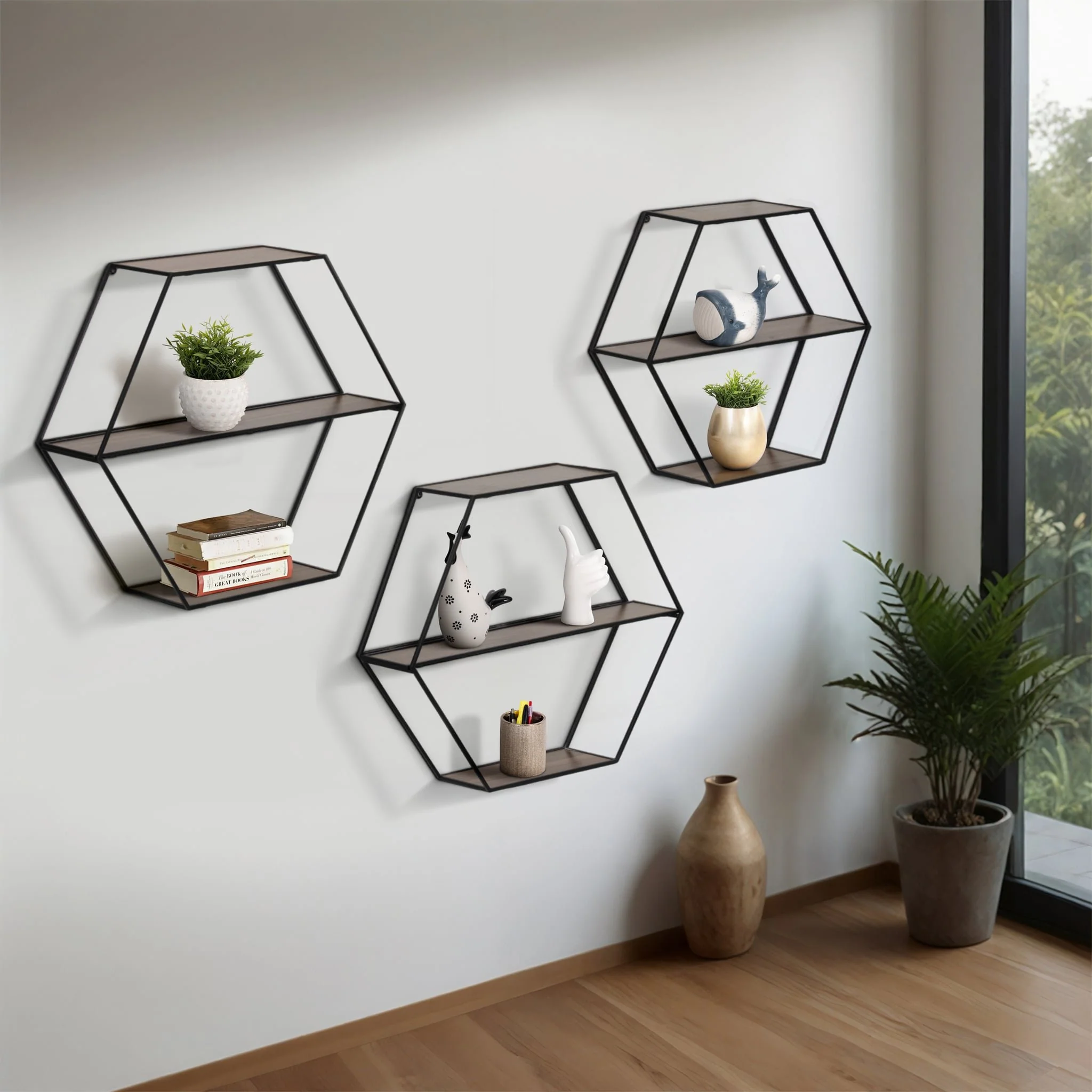 Metal/wd, S/3 21/24/26" Hex Folding Wall Shelf,blk - Image 9