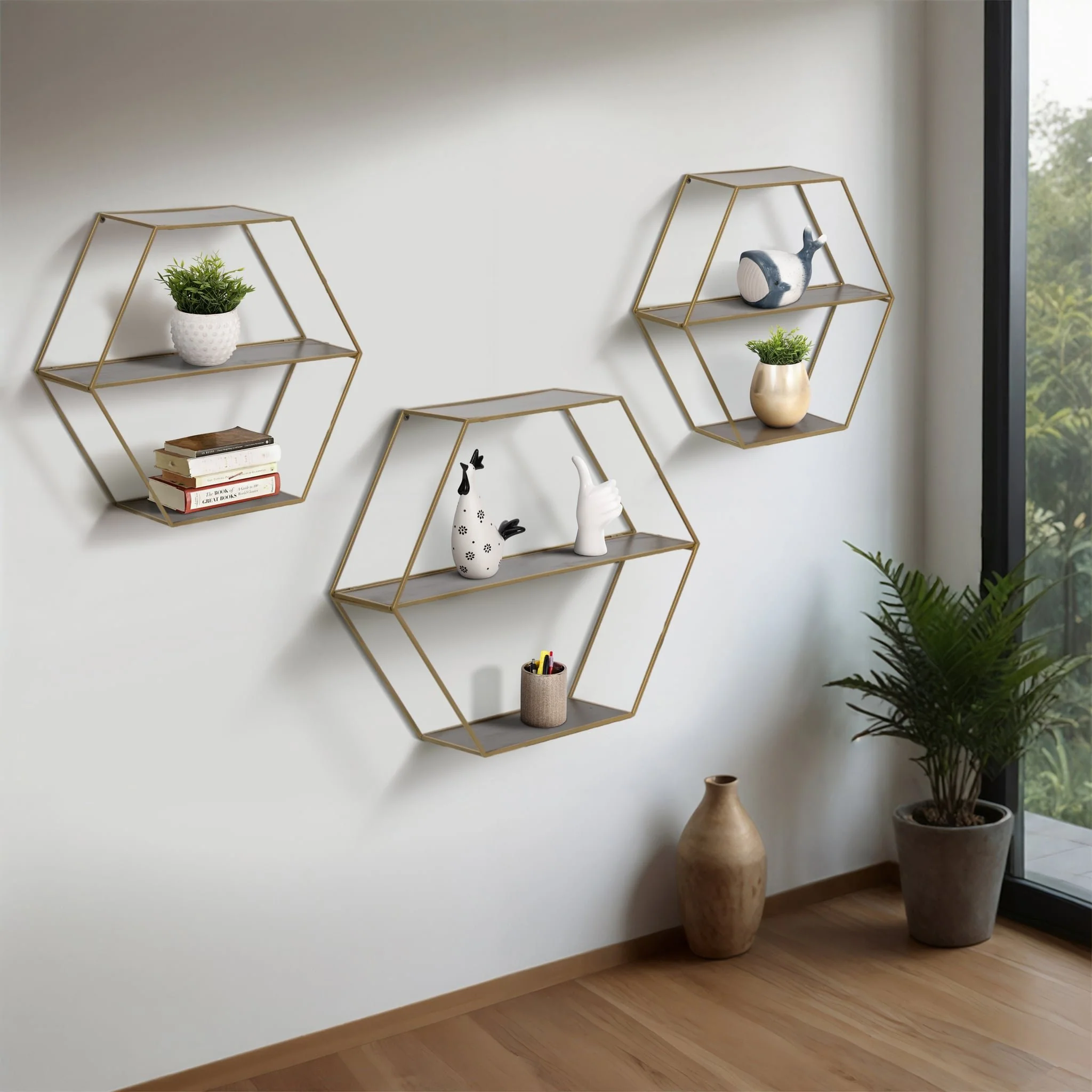 Metal/wd,s/3 21/24/26" Hex Folding Wall Shelf,gld - Image 9