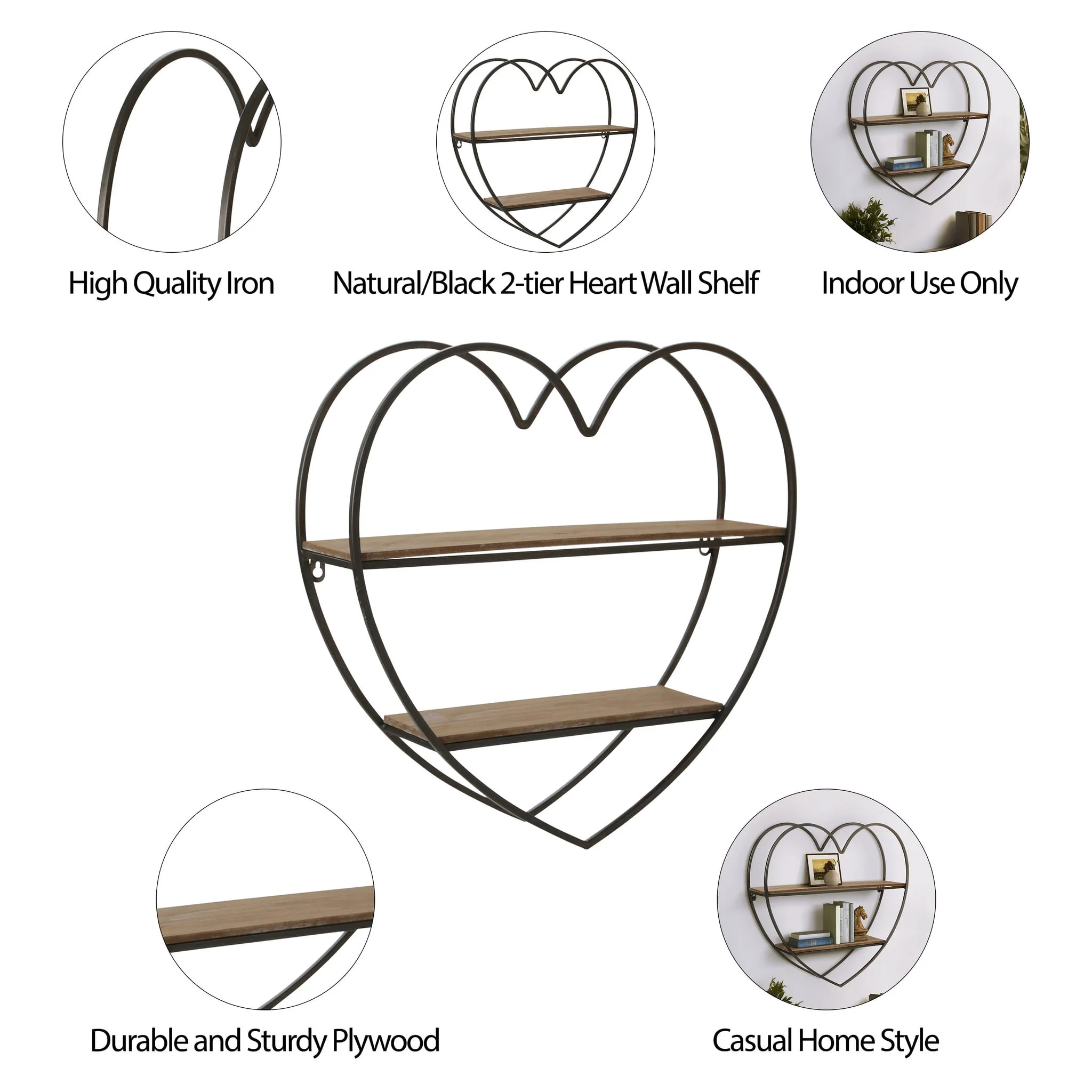 Metal/wood 2 Tier Heart Wall Shelf, Natural/black - Image 6