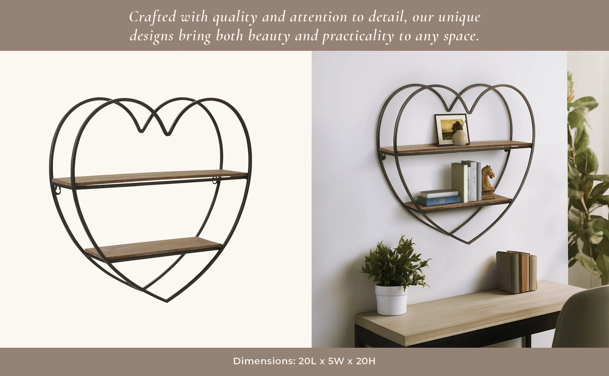 Metal/wood 2 Tier Heart Wall Shelf, Natural/black - Image 8