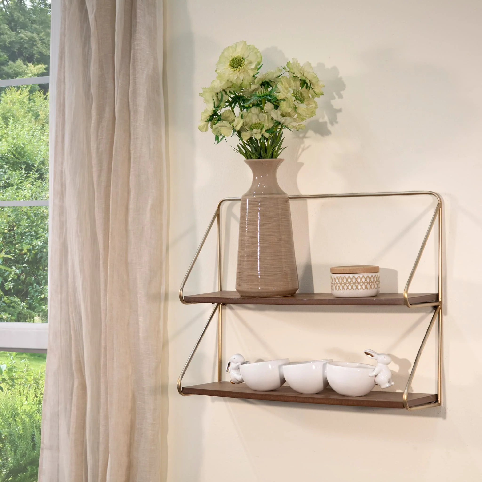 Metal/wood 20" 2 Tier Wall Shelf, Gold - Image 4