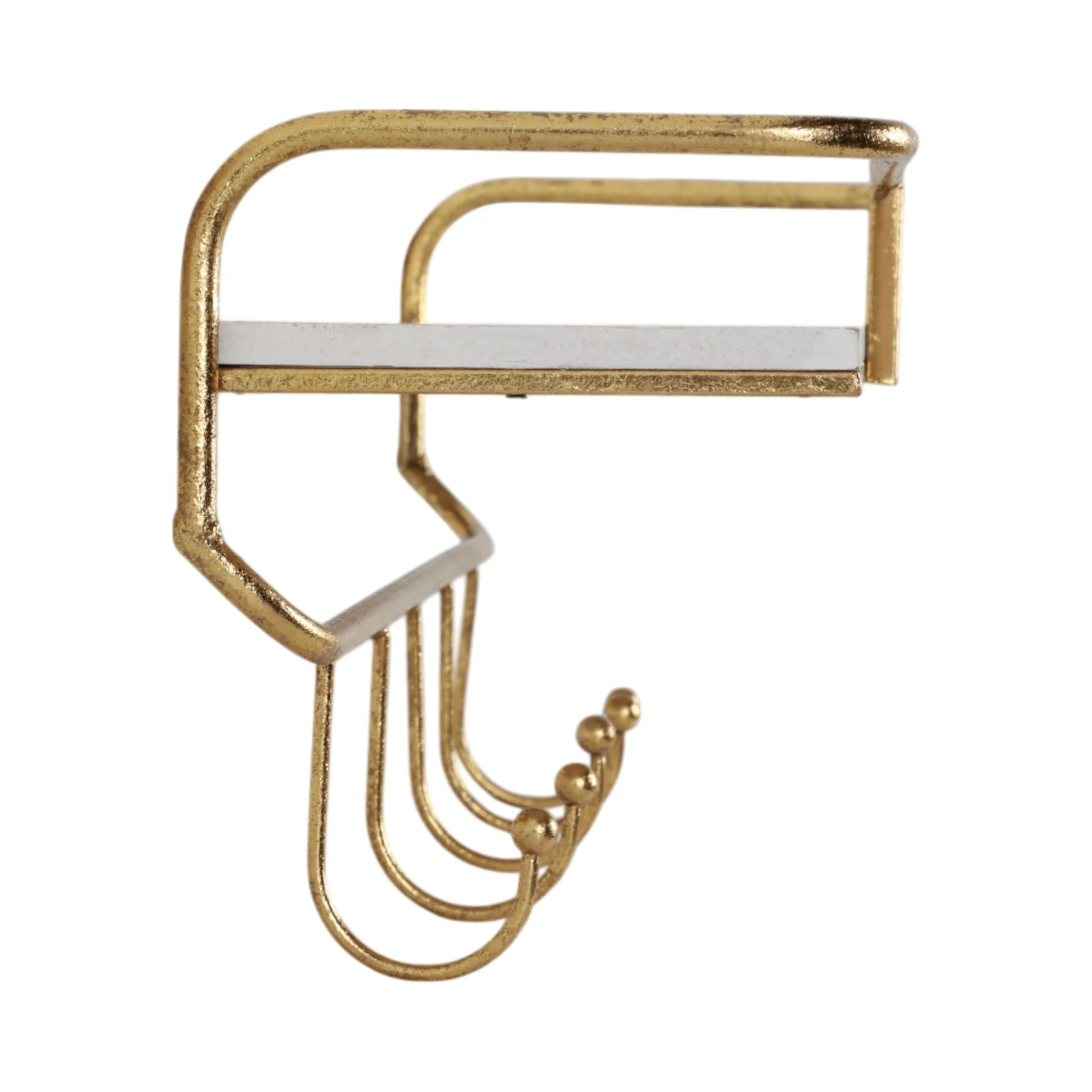 Metal/wood 20" 5  Hook Wall Shelf, White/gold - Image 3