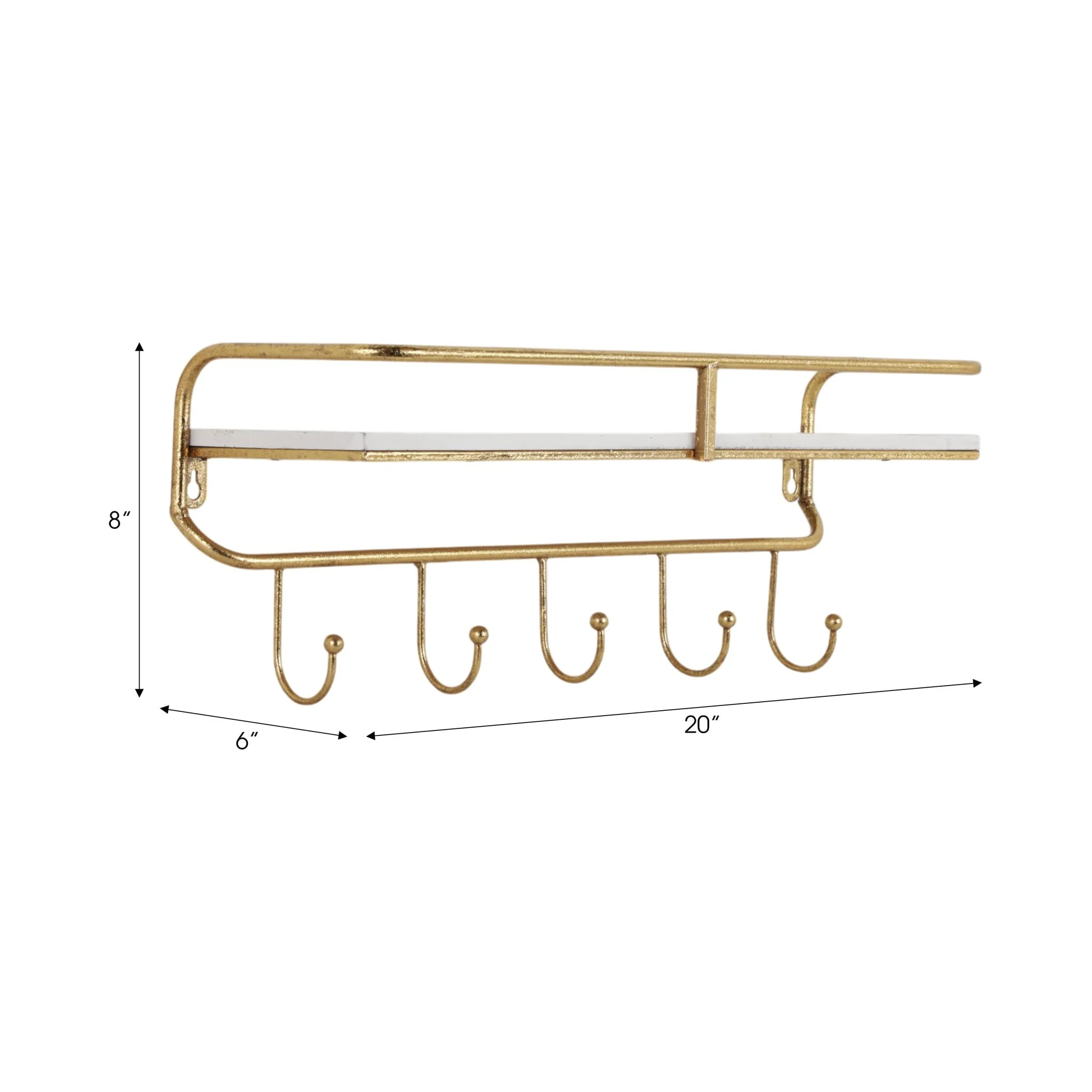 Metal/wood 20" 5  Hook Wall Shelf, White/gold - Image 7