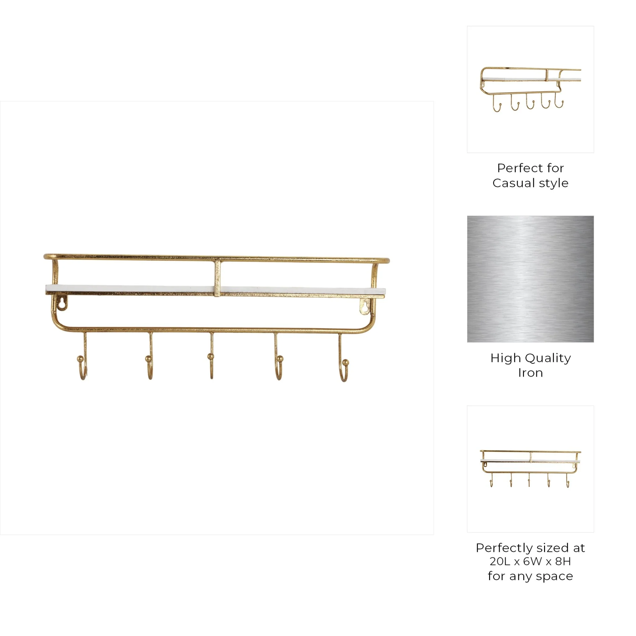 Metal/wood 20" 5  Hook Wall Shelf, White/gold - Image 8