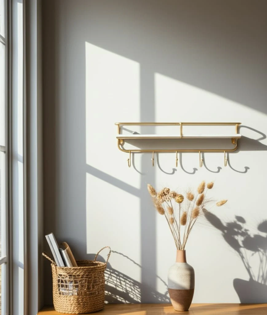 Metal/wood 20" 5  Hook Wall Shelf, White/gold - Image 9