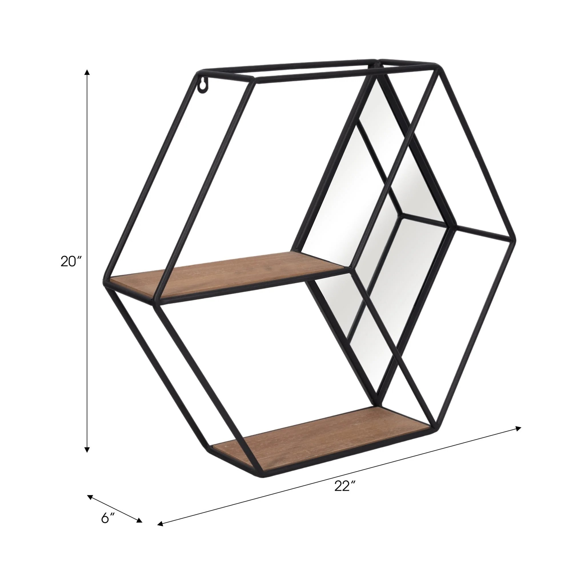 Metal/wood 20" Hexagon Mirrored Wall Shelf, Black - Image 7