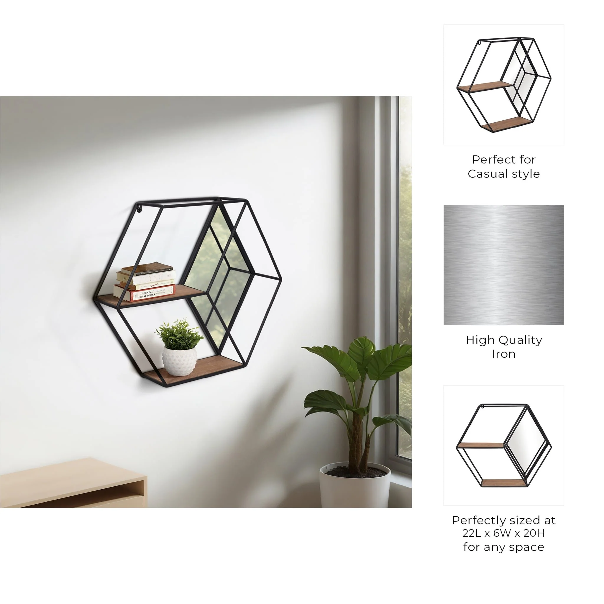 Metal/wood 20" Hexagon Mirrored Wall Shelf, Black - Image 8