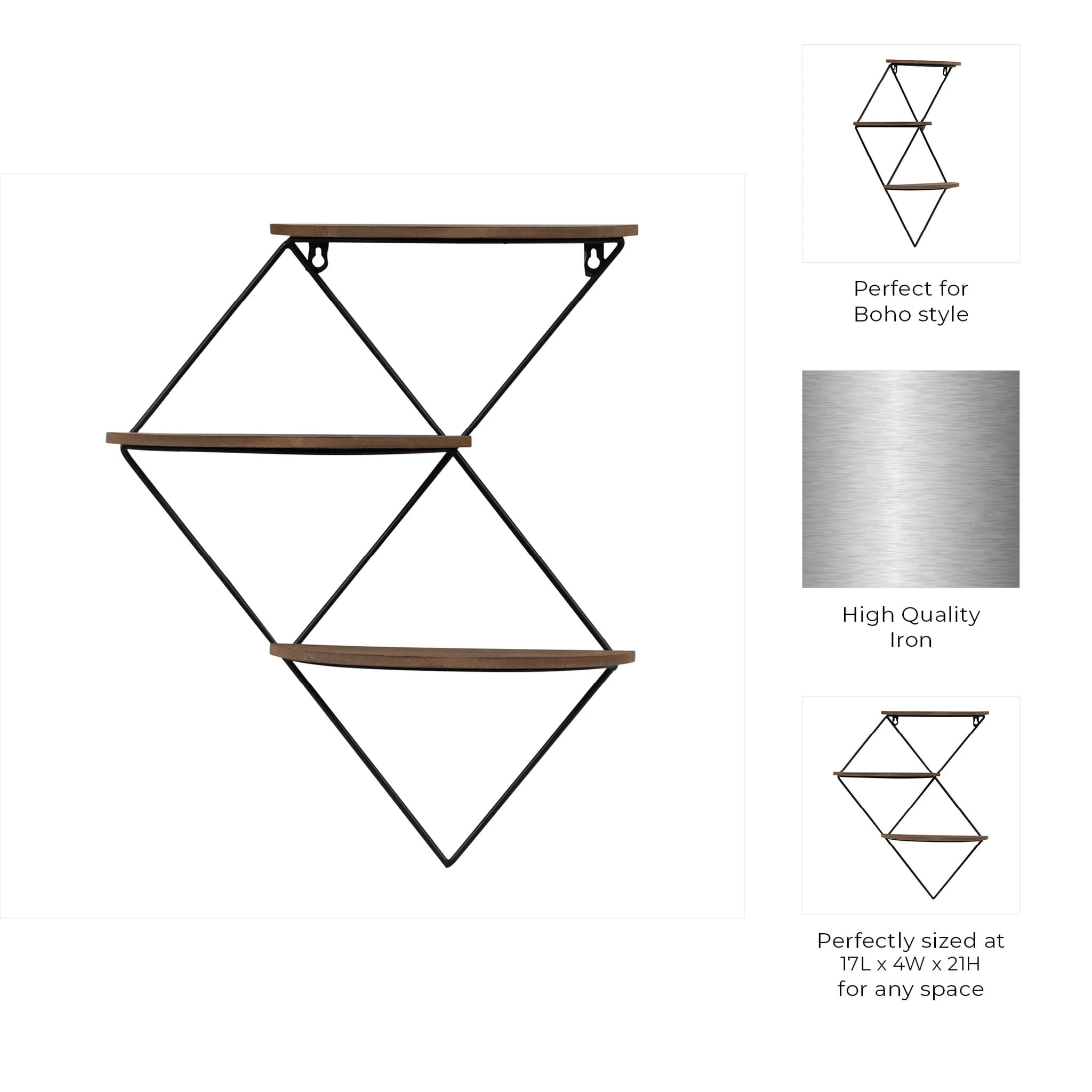 Metal/wood, 21" 3-tier Diamond Wall Shelf, Brown/b - Image 7