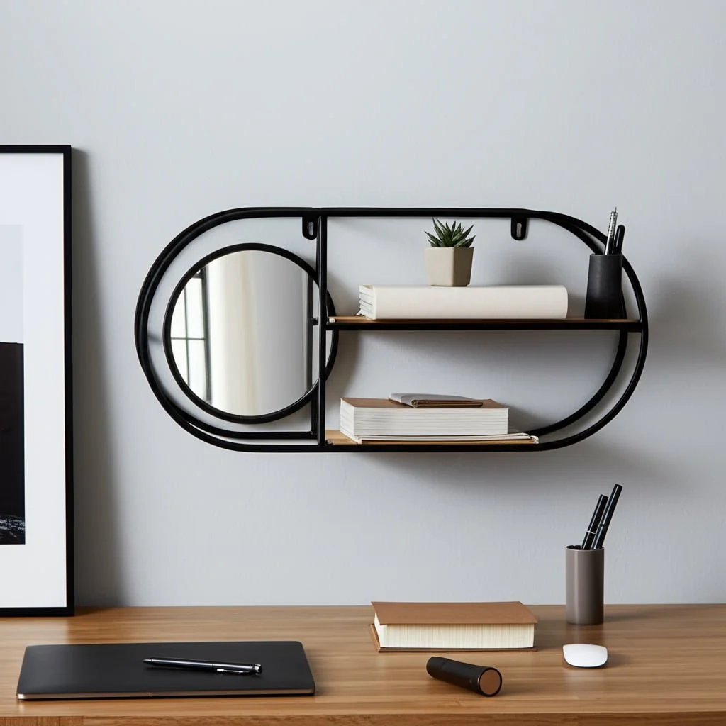 Metal/wood, 23"l Oval Wall Shelf W/ Mirror, Black/ - Image 10